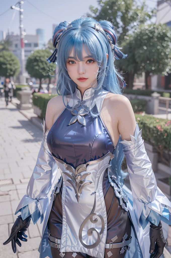 Beauty of a goddess, slim face, light smile, beautiful wan, 1girl, solo, (masterpiece:1.2), best quality, eula, genshin, high detailed, 8K resolution, looking at viewers, eula from genshin impact, outdoor, blue hair, hair ornaments, eula cosplay outfit