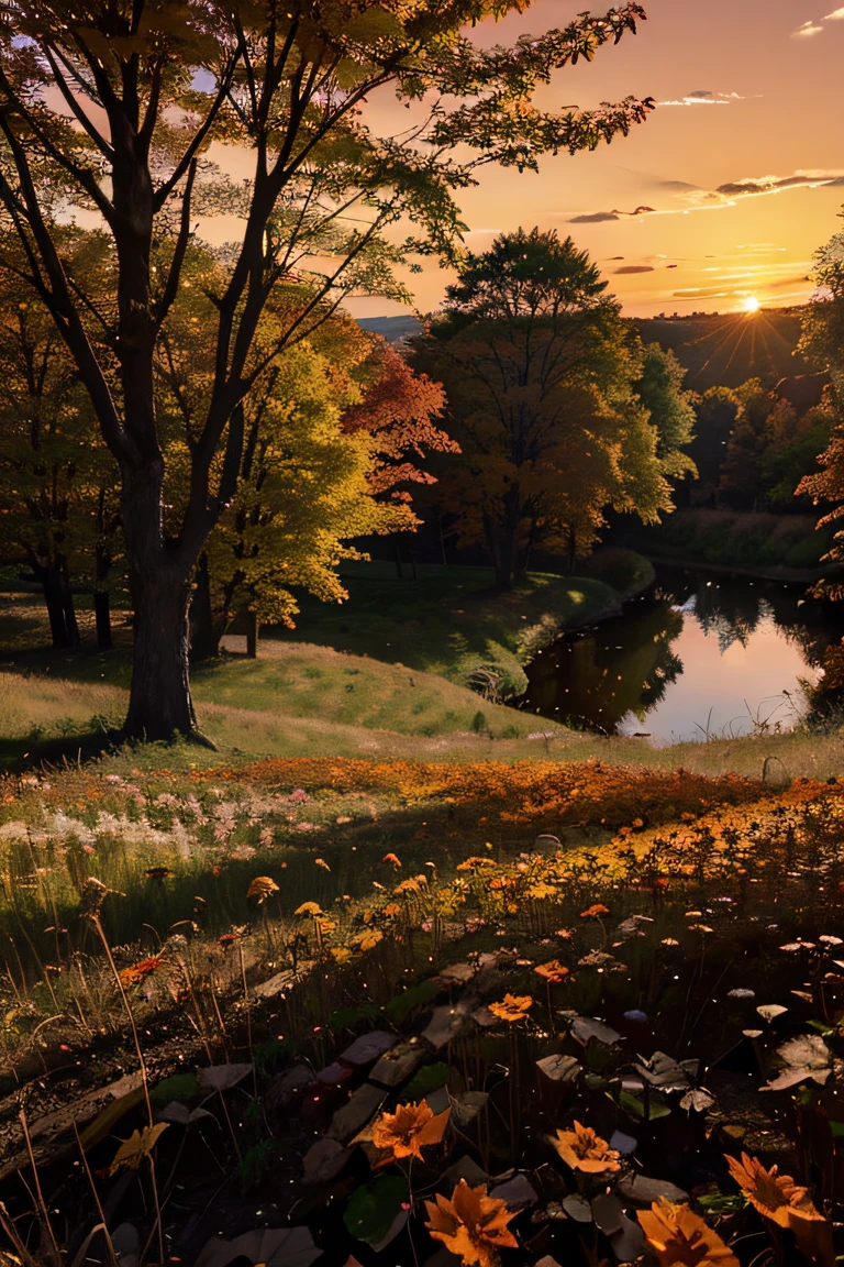 masutepiece,Best Quality,lycoris,flower  field,depth of fields,Dusk,Orange sky,Sunset,Glow,lake,Autumn,Maple,leaves falling, mont ((Tileset))