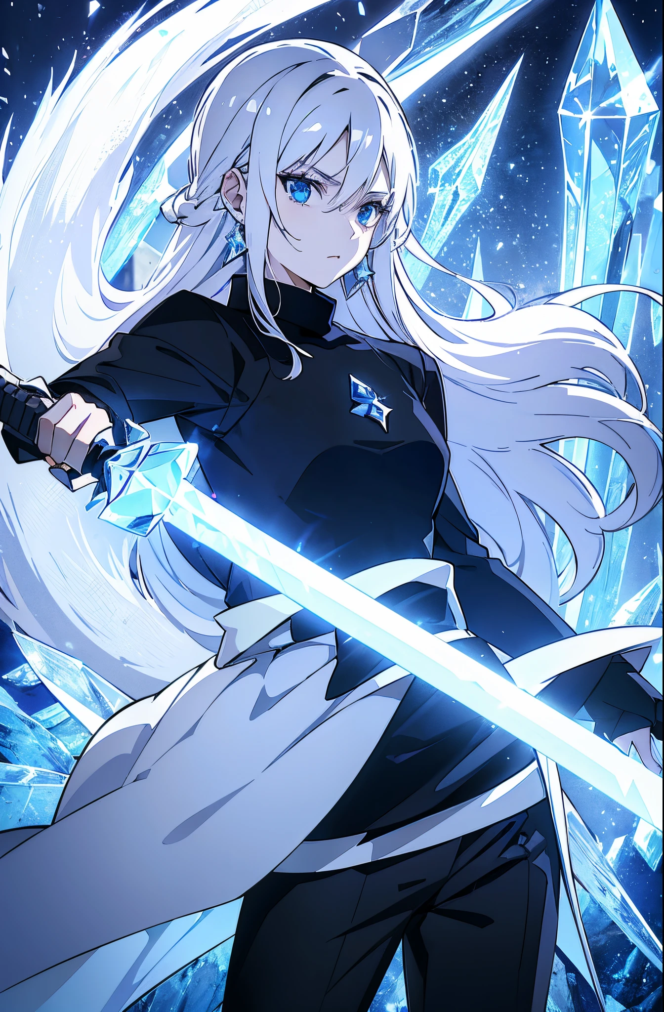 a woman, young, 19 years old, swordsman, long white hair, skin as white as snow, cold look, blue eyes like crystal, black sweater, black pants, black cape, a crystal sword in her hand, earring in her ear, background of crystal.