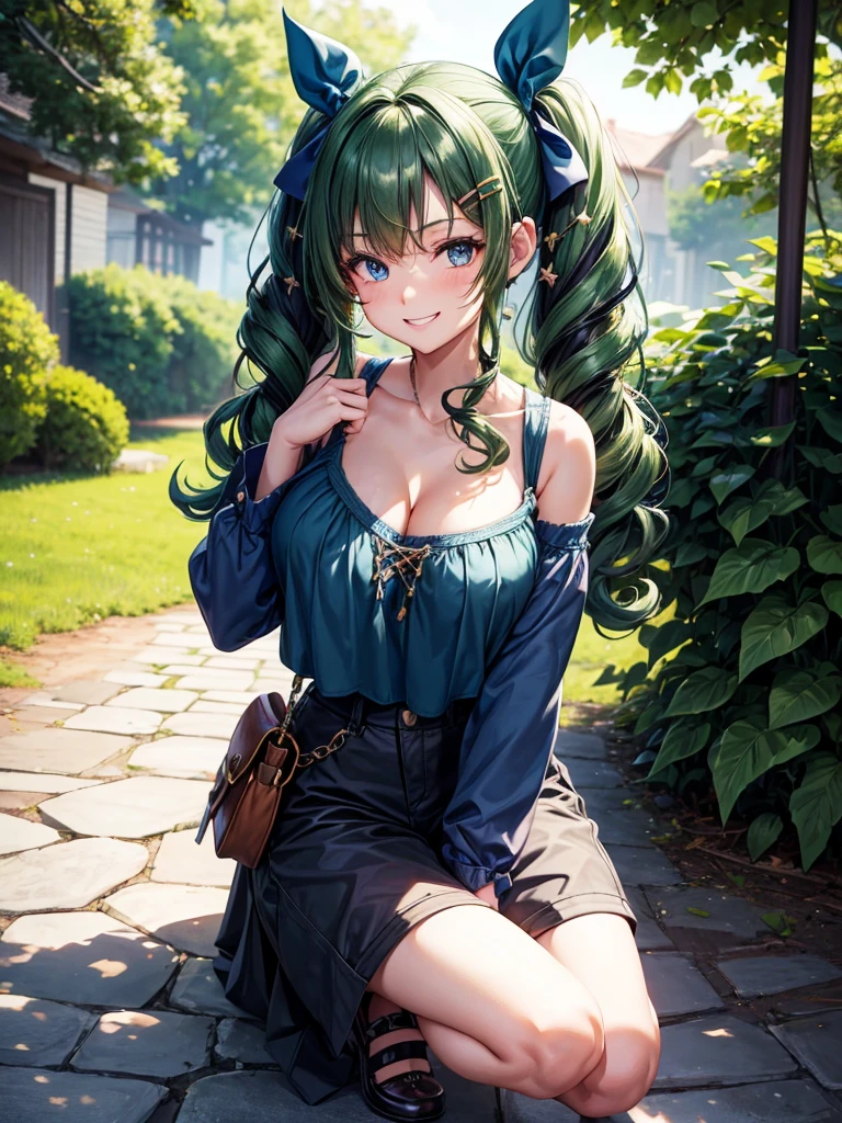1girl, solo, full body, summer, village, trees, ((dark green hair)), curly hair, twintail, large breasts, ((blue top)), cleavage, dark blue eyes, pants, shoe, grin, looking at the viewer, hair ribbon, hair clip, necklate, ear rings
