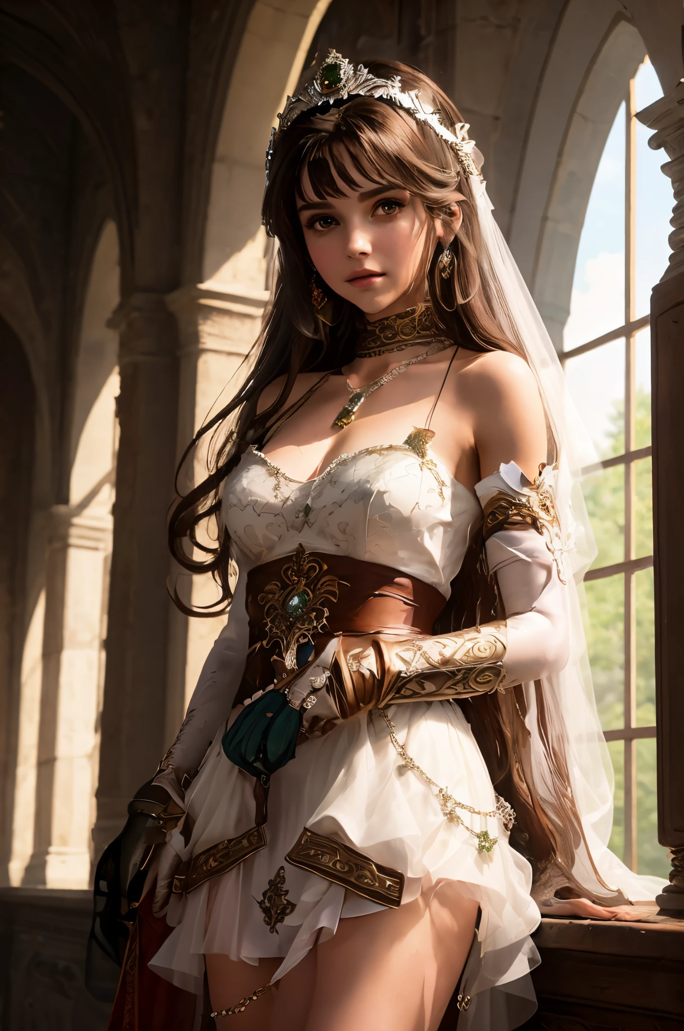 high level of detail, best quality, masterpiece, 1girl, garnet-smf, jewelry, solo, necklace, dress, long hair, tiara, breasts, brown eyes, gloves, brown hair, elbow gloves, cleavage, bare shoulders, medium breasts, white dress, strapless, wedding dress, white gloves, lips, strapless dress, princess ,lips, black hair, skin tight, cowboy shot, collarbone, low-tied long hair, outdoors, castle, clouds, garnet from final fantasy 9, (masterpiece, best quality:1.2),(8k,highres,RAW photo,realistic,photo-realistic:1.3),(detailed skin texture,detailed cloth texture,beautiful detailed face:1.25),professional lighting,photon mapping,beautiful soft light,radiosity,physically-based rendering,model shoot style, model shoot style, (extremely detailed CG unity 8k wallpaper), full shot body photo of the most beautiful artwork in the world, complex 3d render ultra detailed, looking at viewer, 18 yo, wet hair, real human skin, vibrant details, hyperrealistic, beautiful, octane render, 8k, best quality, masterpiece, an extremely delicate and beautiful, extremely detailed ,CG ,unity ,wallpaper, (realistic, photo-realistic:1.37),Amazing, finely detail, masterpiece,best quality,official art, extremely detailed CG unity 8k wallpaper ,extreme detailed eyes, (perfect face), shiny skin, colorful, highest detailed, vibrant colors, ultra high res, (high contrast), intricate, lens flare,