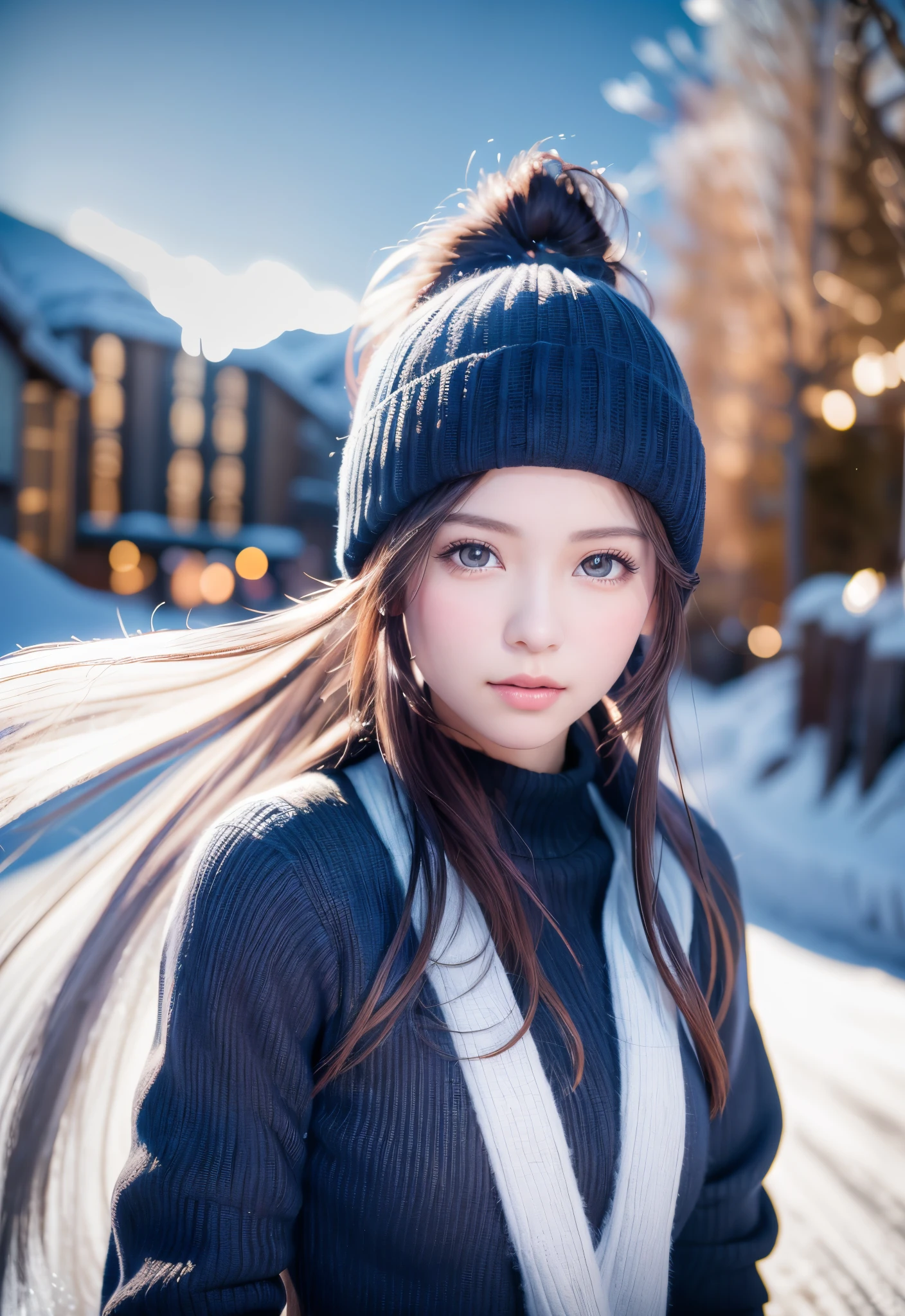 8K, of the highest quality, masutepiece:1.2), (Realistic, Photorealsitic:1.37), of the highest quality, masutepiece, Beautiful young woman, Pensive expression,、A charming、and an inviting look, skiing、snowboarder、Ski Wear, Hair tied back, Cinematic background, Light skin tone、Ski Resort Background