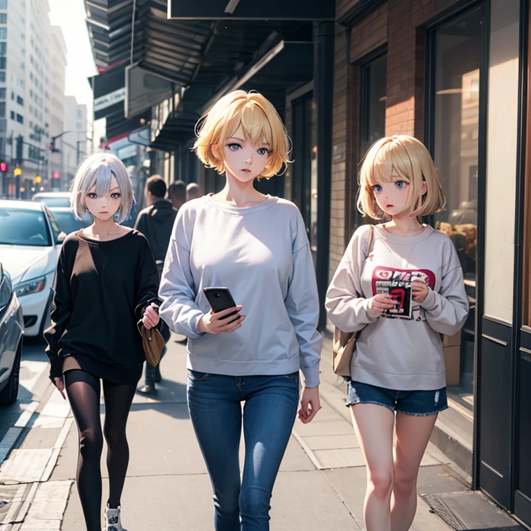 2D Anime Style、Blue eyes、breasts are slightly larger、A cool adult woman with short blonde hair and a troubled expression.............、wearing a sweatshirt setup,Hold your smartphone in your left hand,Walking around the city alone,