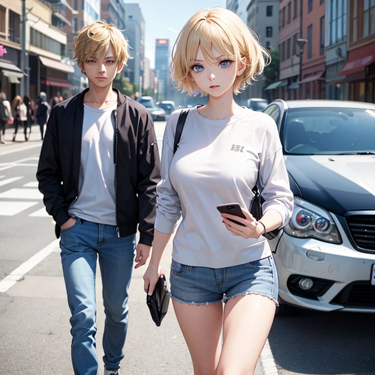 2D Anime Style、Blue eyes、breasts are slightly larger、A cool adult woman with short blonde hair and a troubled expression.............、wearing a sweatshirt setup,Hold your smartphone in your left hand,Walking around the city alone,