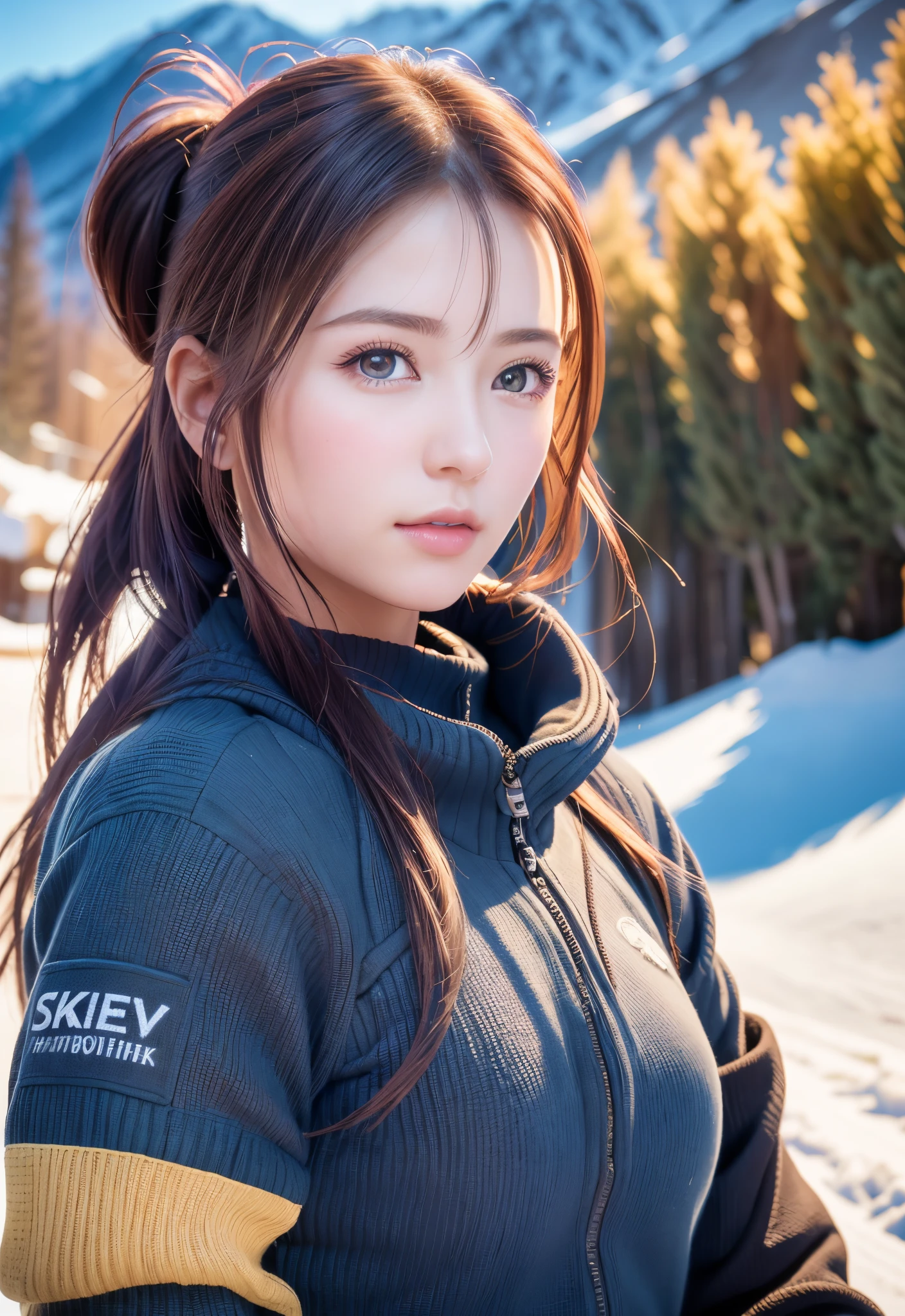 8K, of the highest quality, masutepiece:1.2), (Realistic, Photorealsitic:1.37), of the highest quality, masutepiece, Beautiful young woman, Pensive expression,、A charming、and an inviting look, skiing、snowboarder、Ski Wear, Hair tied back, Cinematic background, Light skin tone、Ski Resort Background