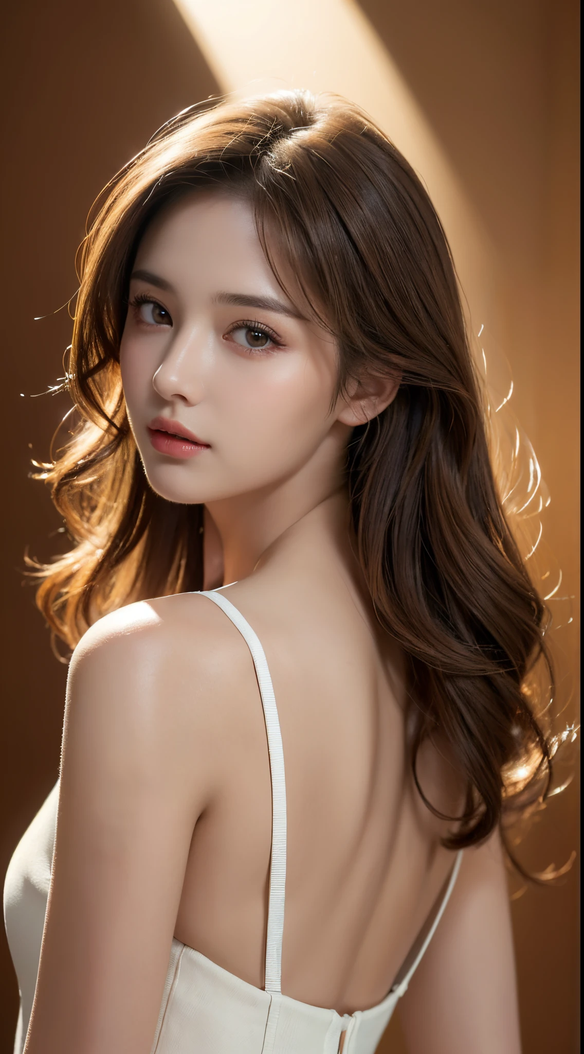 ((Best quality, 8k, Masterpiece :1.3)), 1girl, Pretty woman with emphasizing, light brown hair, small  breasts, (back light :1.2), Ultra-detailed face, Detailed eyes, Double eyelid