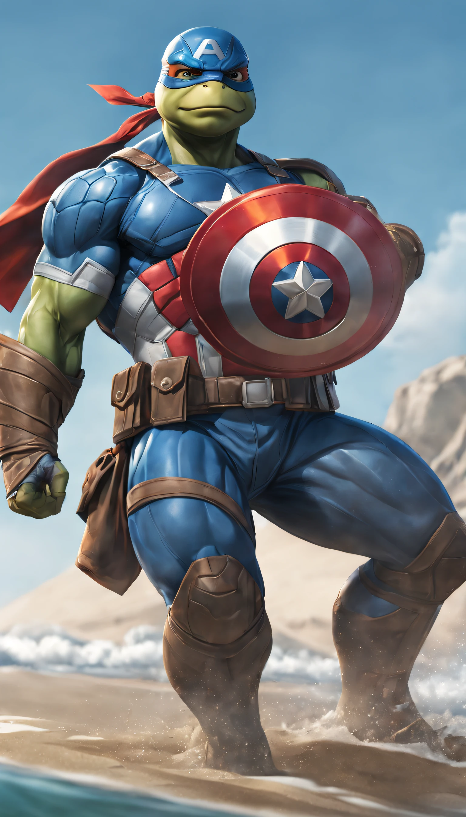 Hulk using Captain America's shield, cinematic and amazing image, unreal engine 5, 8k.