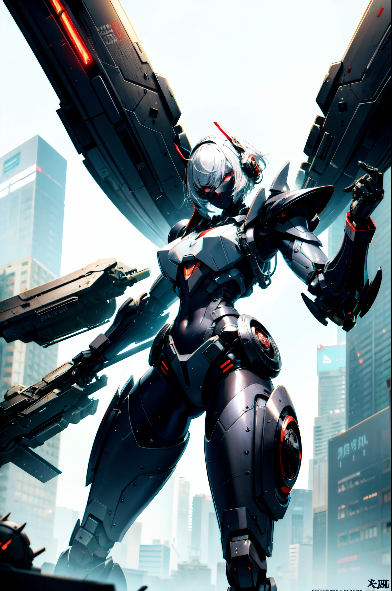 Extraordinary beautiful girl, fuselage, mechanical naked robot, Mecha Maiden, White hair, short detailed hair, (with a red eyes:1.3), Inorganic skin, science fantasy,BREAK BREAK BREAK, (Exoskeleton suit), (Perfect Finger, 4fingers and 1thumbs), (Heavy armor on limbs:1.5), (Chopping, navel, absolutely_Good memories), BREAK BREAK BREAK, cowboys_shooting, Side focus, open stance, (Cybertech punk mask:1.2), There are huge thrusters on the waist, Side breasts, full bloom, Super detailed concept art, The is very detailed, hawken, sci-fi battlefield, tmasterpiece, Best quality at best, Capture super cute moments, depth of fields, ultra - detailed, 超高分辨率, c4d, octadale, 3D modeling, 8K, 16k,