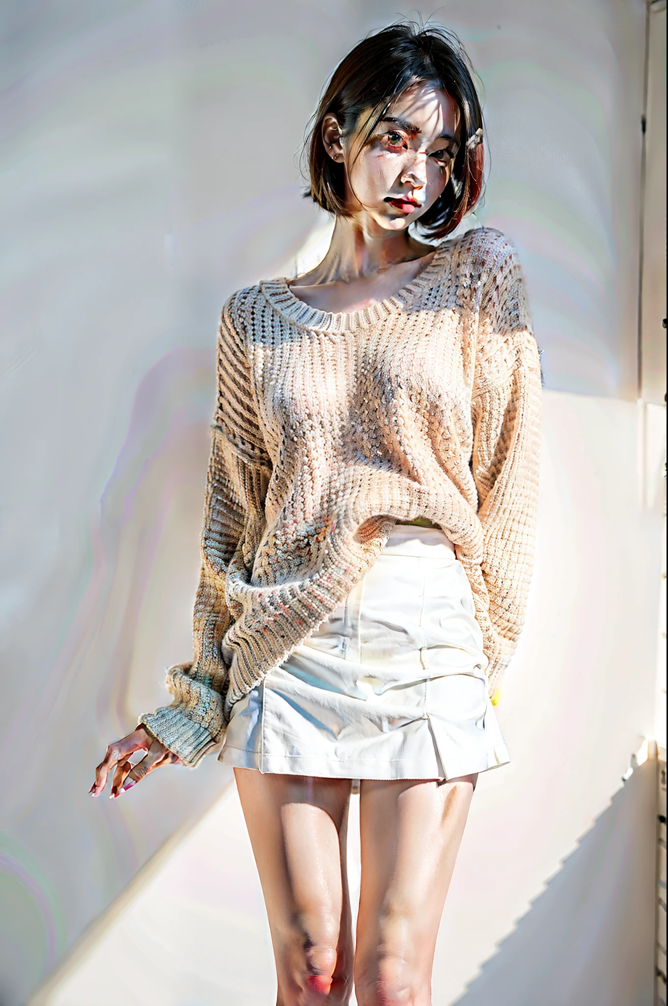 1girl,sweater,white background,realistic,city,skirt,photorealism,legs,detailed