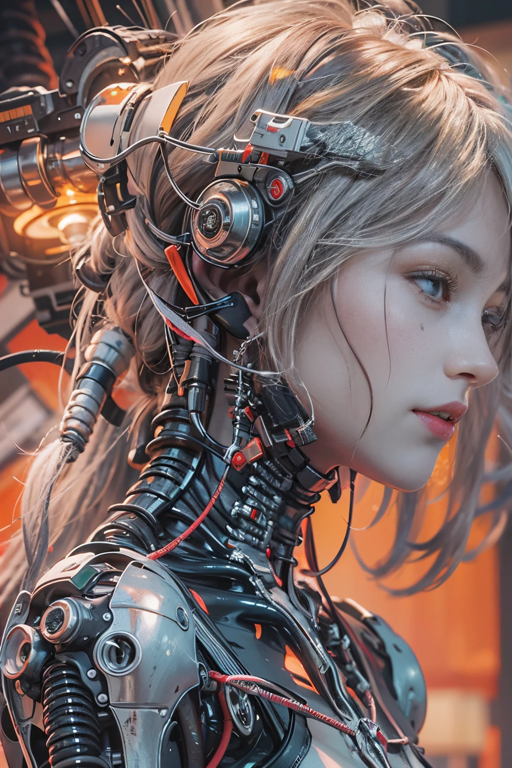 top-quality, tmasterpiece, 超高分辨率, ((realisticlying: 1.4), RAW photogr, 1 Cyberpunk Girl, Glossy glossy skin, 1 mechanical girl, (hyper realistic detailed)), Mechanical limb, Tubes attached to mechanical parts, Mechanical vertebrae attached to the spine, Cervical spine mechanical fixation in the neck, wires and cables connecting to head, Shin Evangelion, Fantasma na Concha, Small glowing LED lamp, global ilumination, deep shading, octaneratingrendering, 8K, Super sharp, metals, Intricate decorative details, Baroque details, very complex details, realistic raytraicing, CG trends, facing at the camera, neon light detail, (Android factory in the background), H's Art.r. Giger and Alphonse Mucha.