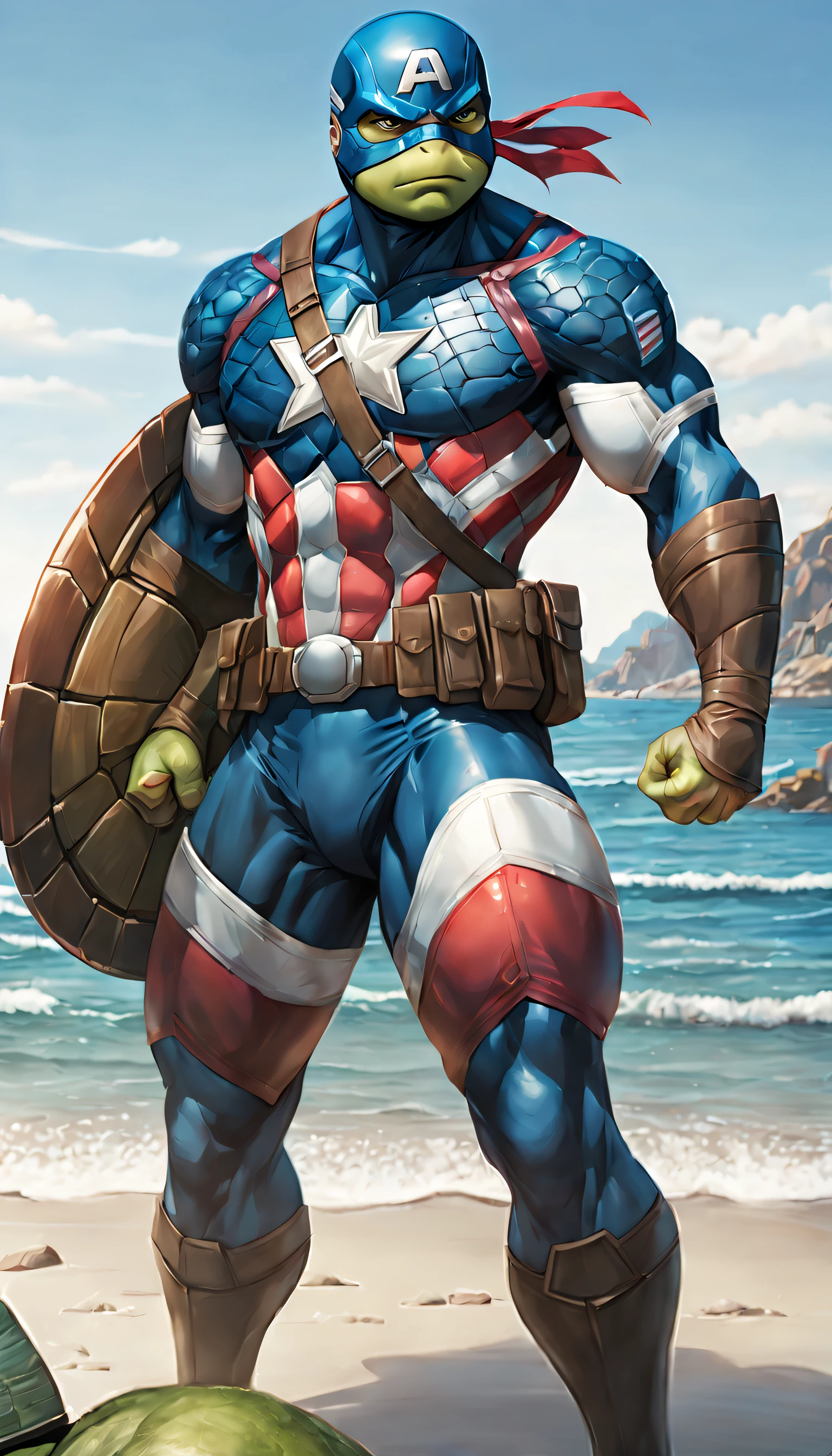 A Ninja Turtle Captain America,illustratio,Manhwa Style,Vibrant colors,turtle shell shield,Sharp focus,清晰的线条,Detailed muscles,sea beach background。(best quality,4k,8k,highres,masterpiece:1.2),ultra-detailed,(realistic,photorealistic,photo-realistic:1.37)。