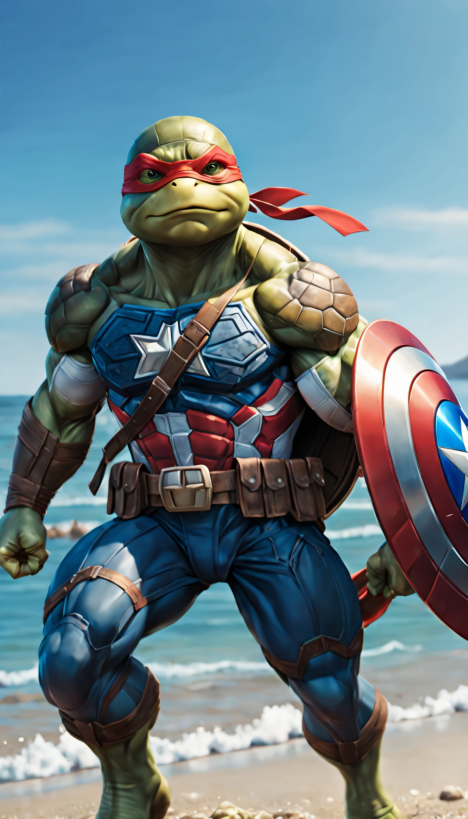A Ninja Turtle Captain America，illustratio，Manhwa Style，Vibrant colors，turtle shell shield，Sharp focus，清晰的线条，Detailed muscles，sea beach background。(best quality,4k,8k,highres,masterpiece:1.2),ultra-detailed,(realistic,photorealistic,photo-realistic:1.37)。