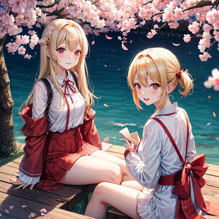 a blond、red eyes、One pretty girl、animesque、sitting on、the setting sun、cherry trees