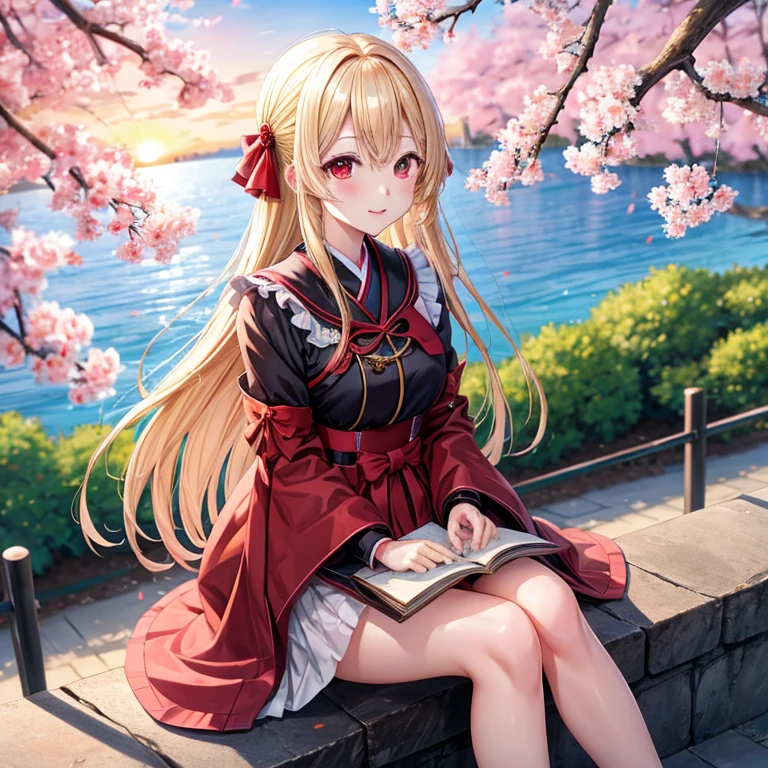 a blond、red eyes、One pretty girl、animesque、sitting on、the setting sun、cherry trees