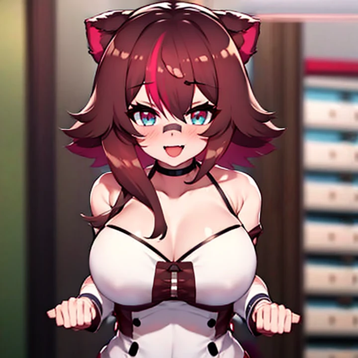 Rakkun, 1girl, solo, breasts, looking at viewer, smile, short hair, open mouth, bangs, blue eyes, large breasts, brown hair, bikini purple, long sleeves, animal ears, cleavage, hair between eyes, bare shoulders, collarbone, jacket, upper body, red hair, multicolored hair, choker, fang, virtual youtuber, blurry background, two-tone hair, streaked hair, halterneck, white choker, ;d, bandaid, skin fang, brown jacket, colored inner hair, multicolored eyes, bandaid on face, raccoon ears, bear ears, colored tips, bandaid on nose, raccoon girl, blush, embarrassed, hands on hip