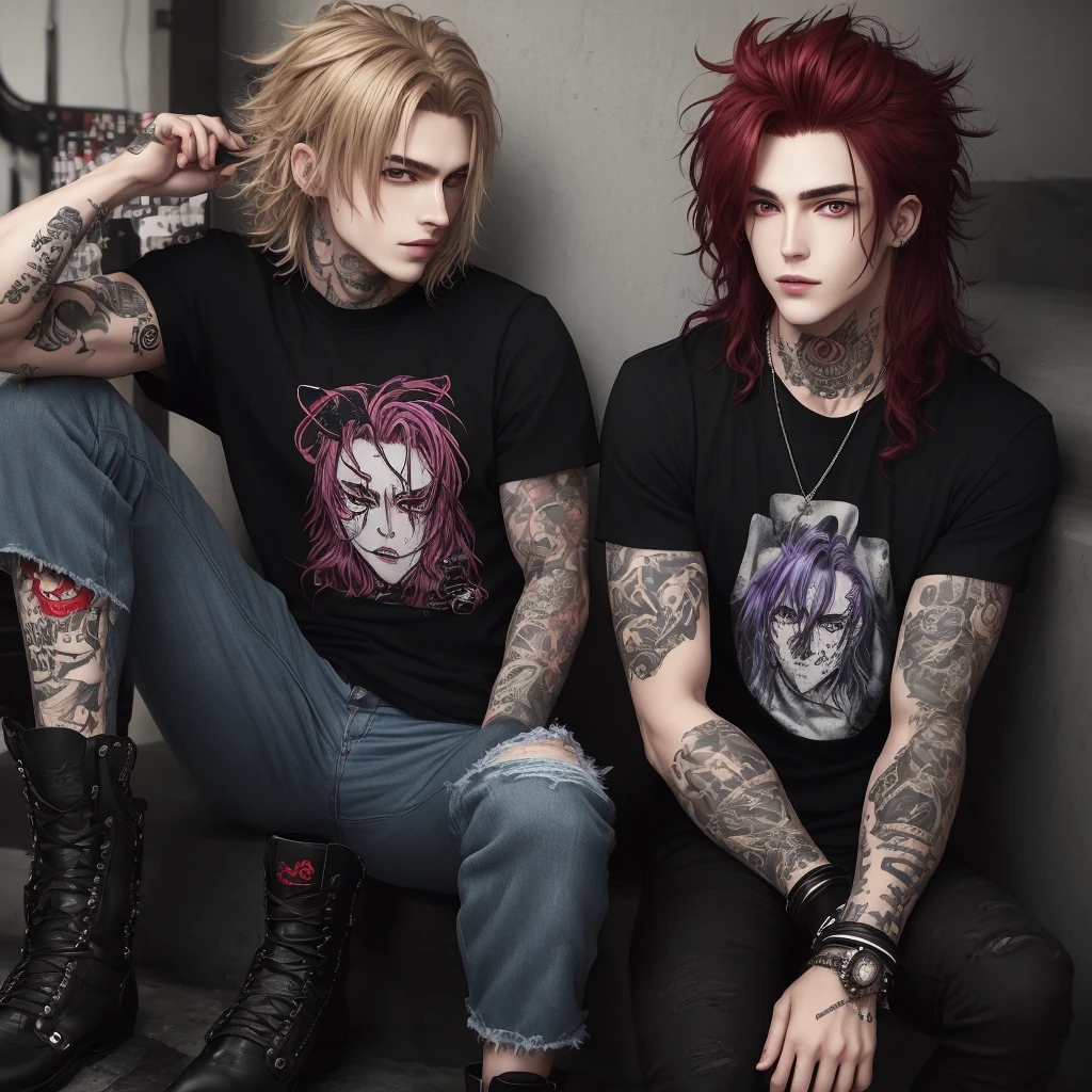 Create an image of a rock band in anime gibli style: 1) guy vocalist with thick brown hair and green eyes, hair is slightly curly and voluminous, Not long. Dressed in rock style, with spiked bracelets, in massive boots, black T-shirt and plaid shirt. Serious and handsome, manly. 2) drummer with red hair with bangs and blue eyes, Cute appearance, mischievous, but beautiful. Dressed in ripped black jeans and sneakers and a wide red and black striped knitted sweater in a grunge style. with tattoo. 3)Guitarist blond with purple eyes, with a sly look, a handsome, wearing a black wide-cut tank top, circuits. Full arm tattoo 4) Bass guitarist, Black long hair, kblack eyes, Cool image, cold-blooded. Dressed in leather.
