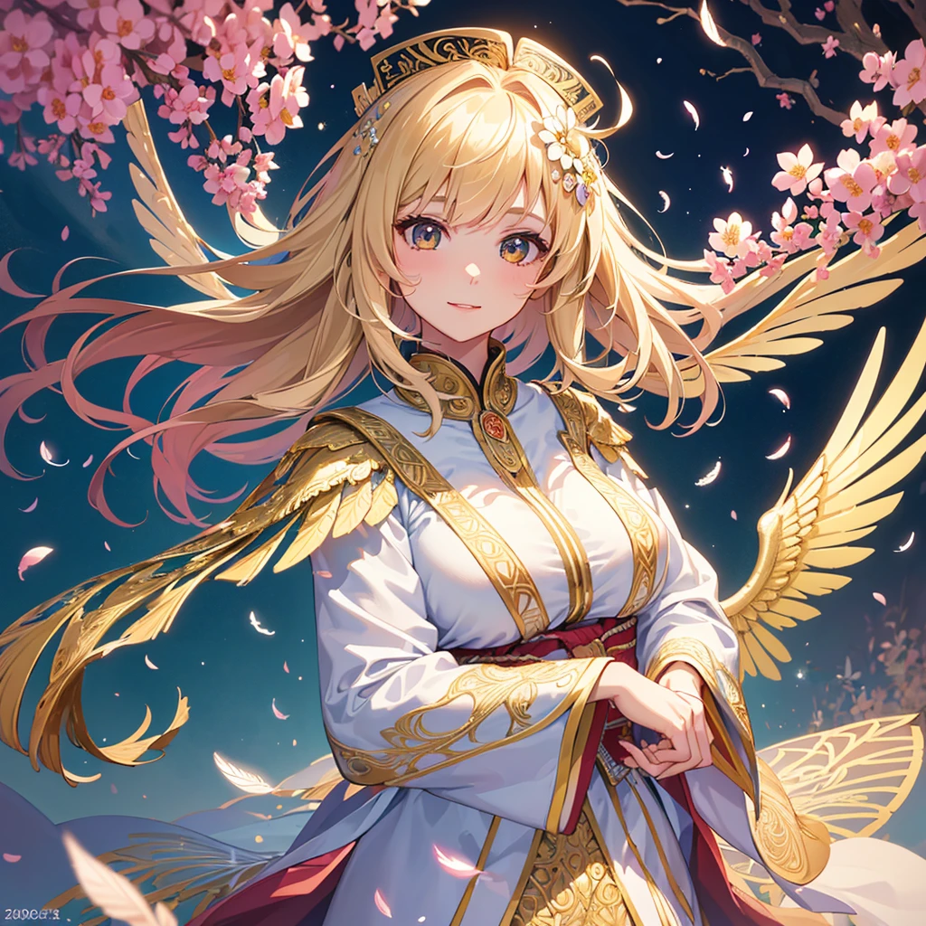 1girl in, masutepiece, Best Quality, Photorealistic, angelicales, spread that gold, Transparent wings are spreading, Academic Gowns, Academic Lobe, Mortarboard, Square Cap, university campus, cherryblossom, Smiling, Detailed uniforms, look at viewr, (Sigma 85mm f1.4), depth of fields, Bokeh, Detailed photorealistic backgrounds, diffused natural sunlight, diffused natural skin glow, Face Focus, Extremely detailed, (Abstract background, Zentangle, Fractal Art:1.3), (Many colors, Colorful:1.1), (Feathers, flower petals, Flowers:1.3), ((Huge breasts!!!!!!)),(Beautiful face)、(Beautiful, Glamorous and cute beauty 1.3),