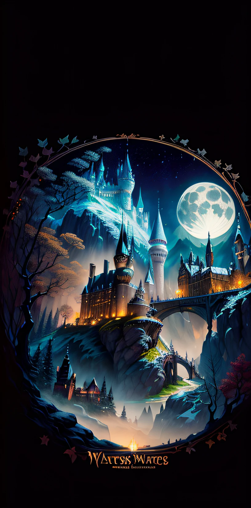 A masterpiece, a castle poster with a full moon in the background, viewed from a cave, with a solid black background above and below. Close shots with lakes, reflections, detailed paintings inspired by gaston bussiere, shutterstock, fantasy art, magic light and shadows, beams of artifacts. Enchanted castles, enchanted backgrounds, Harry Potter art, highly detailed magical fantasy, scary castles)). mystical, background hogwarts, hogwarts setting, magic castle school on the hill, fairytale painting, magical composition, night scene