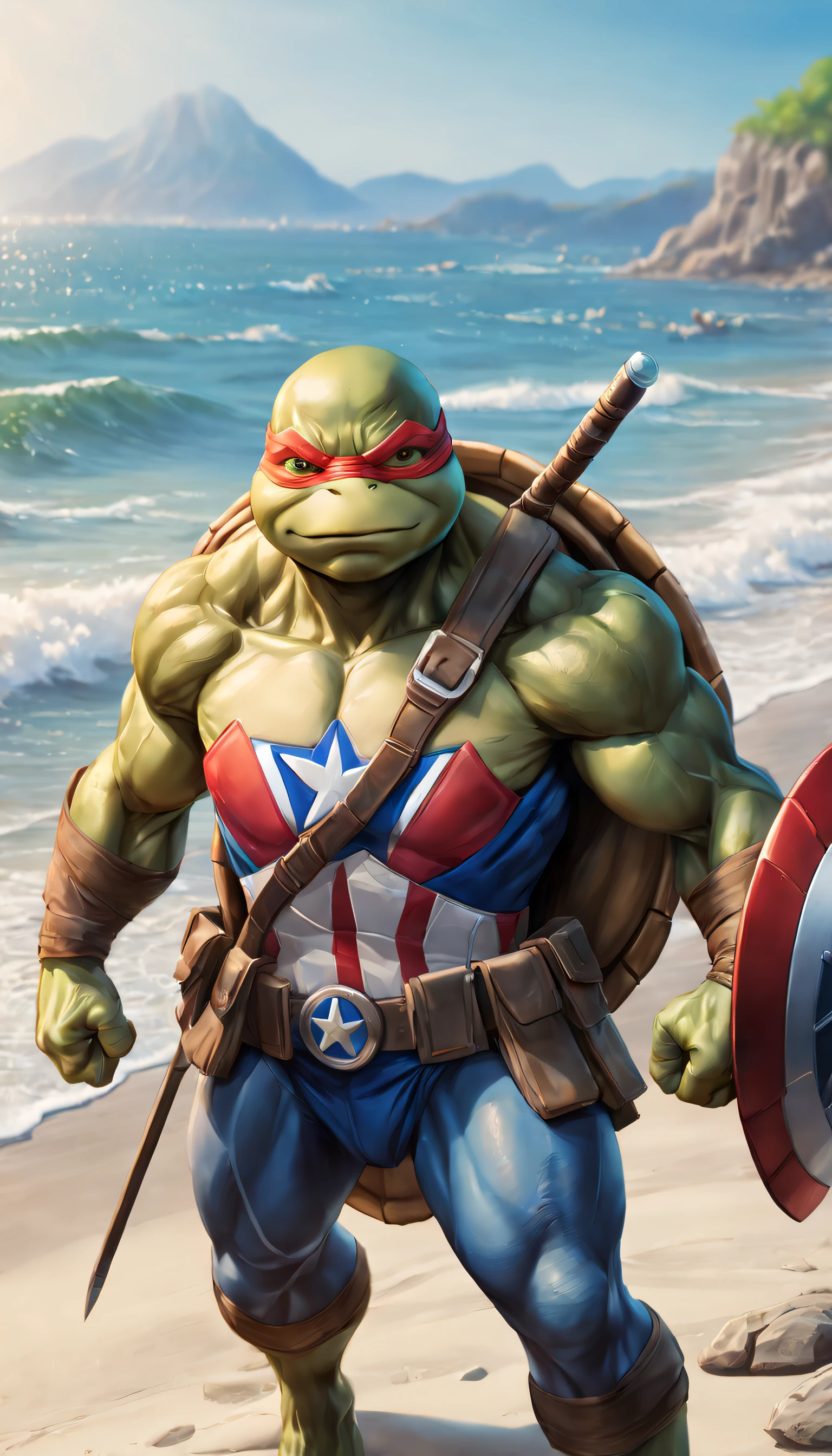 A(Teenage Mutant Ninja Turtles)captain america,illustratio,Manhwa Style,Vibrant colors,turtle shell shield,Sharp focus,清晰的线条,Detailed muscles,sea beach background。(best quality,4k,8k,highres,masterpiece:1.2),ultra-detailed,(realistic,photorealistic,photo-realistic:1.37)。