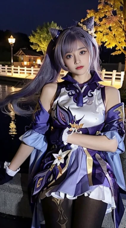 Masterpiece, Best Quality, Detail, Depth of field, ultra-realistic, realistic face and eyes, realistic skin texture, Cinematic lighting, eyes, To see your audience. 1 girl, 独奏, (frown, closed mouth), keqing_\(genshin_stroke\), Purple_eyes, purple hair, Double Ponytail, sharp eyes, serious face, gloves, black stockings, En plein air, purple lightning, Fileg, lightning glowing sword, purple lightning, upper-body, cute makeup, beatiful face, European appearance