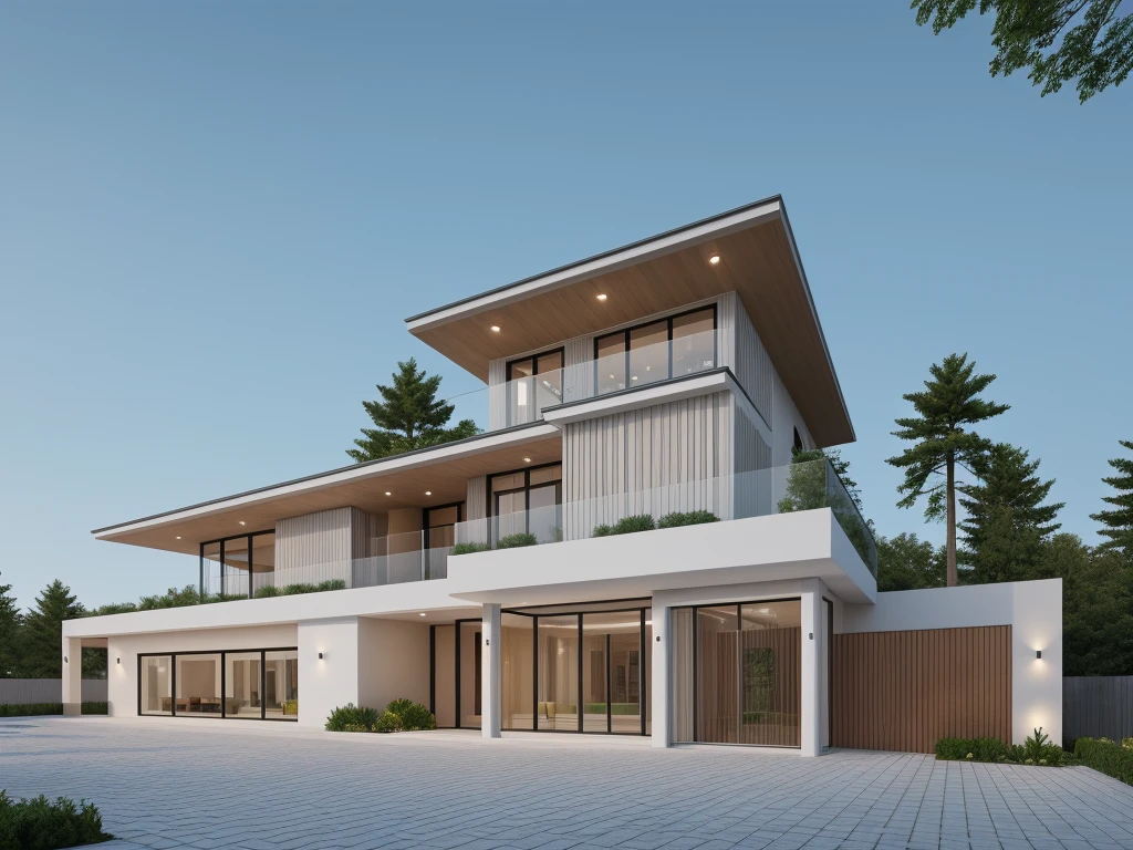 Realistic images, extremely detailed, a modern house, (((1 road in font of house))), large yard made by ceramic, (1 car), brick fence, lawn, a few small flowers, a road in front of the house, main materials of the house are white walls and red brick, Modern design, clear blue sky, sunrise light, light from inside, dynamic light,shimering light, cinematic light, romantic feeling, (((day light, warm sunlight))), summer