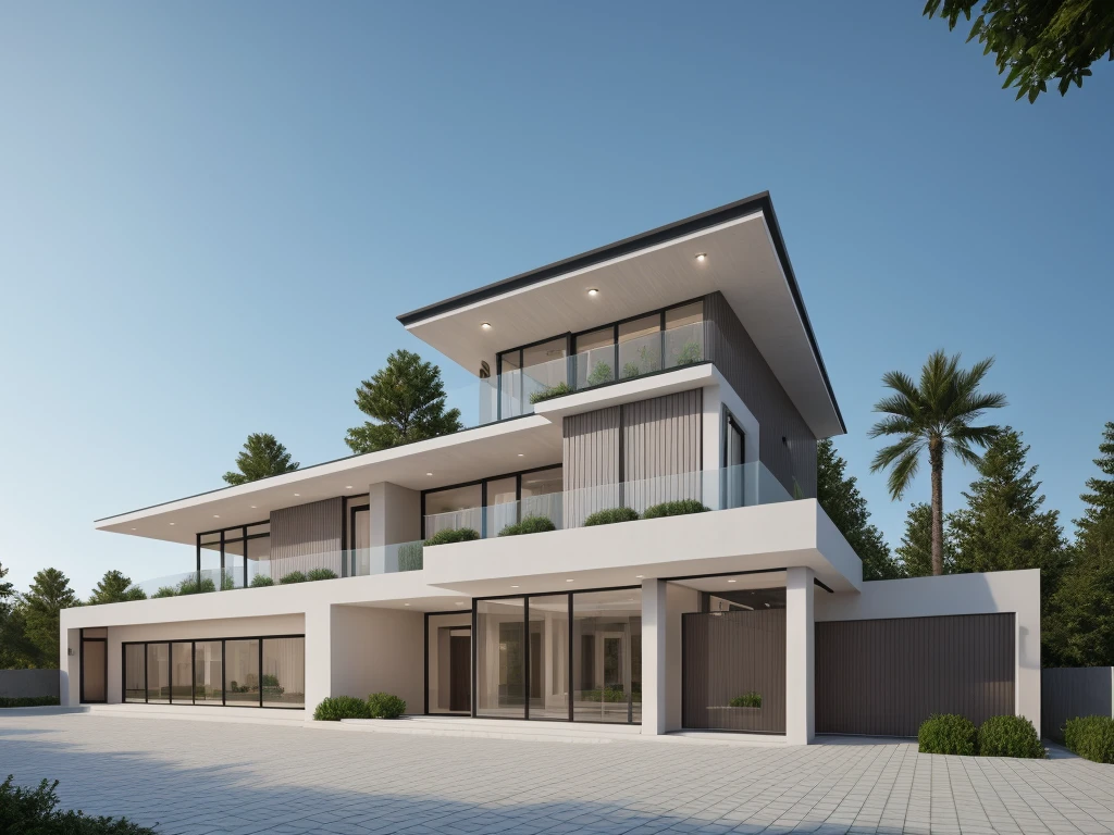 Realistic images, extremely detailed, a modern house, (((1 road in font of house))), large yard made by ceramic, (1 car), brick fence, lawn, a few small flowers, a road in front of the house, main materials of the house are white walls and red brick, Modern design, clear blue sky, sunrise light, light from inside, dynamic light,shimering light, cinematic light, romantic feeling, (((day light, warm sunlight))), summer