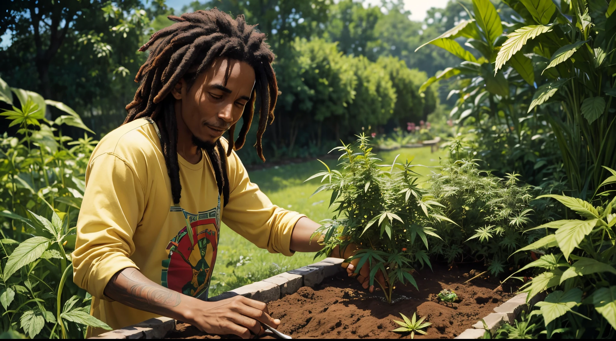 Bob marley taking the fresh in his weed garden