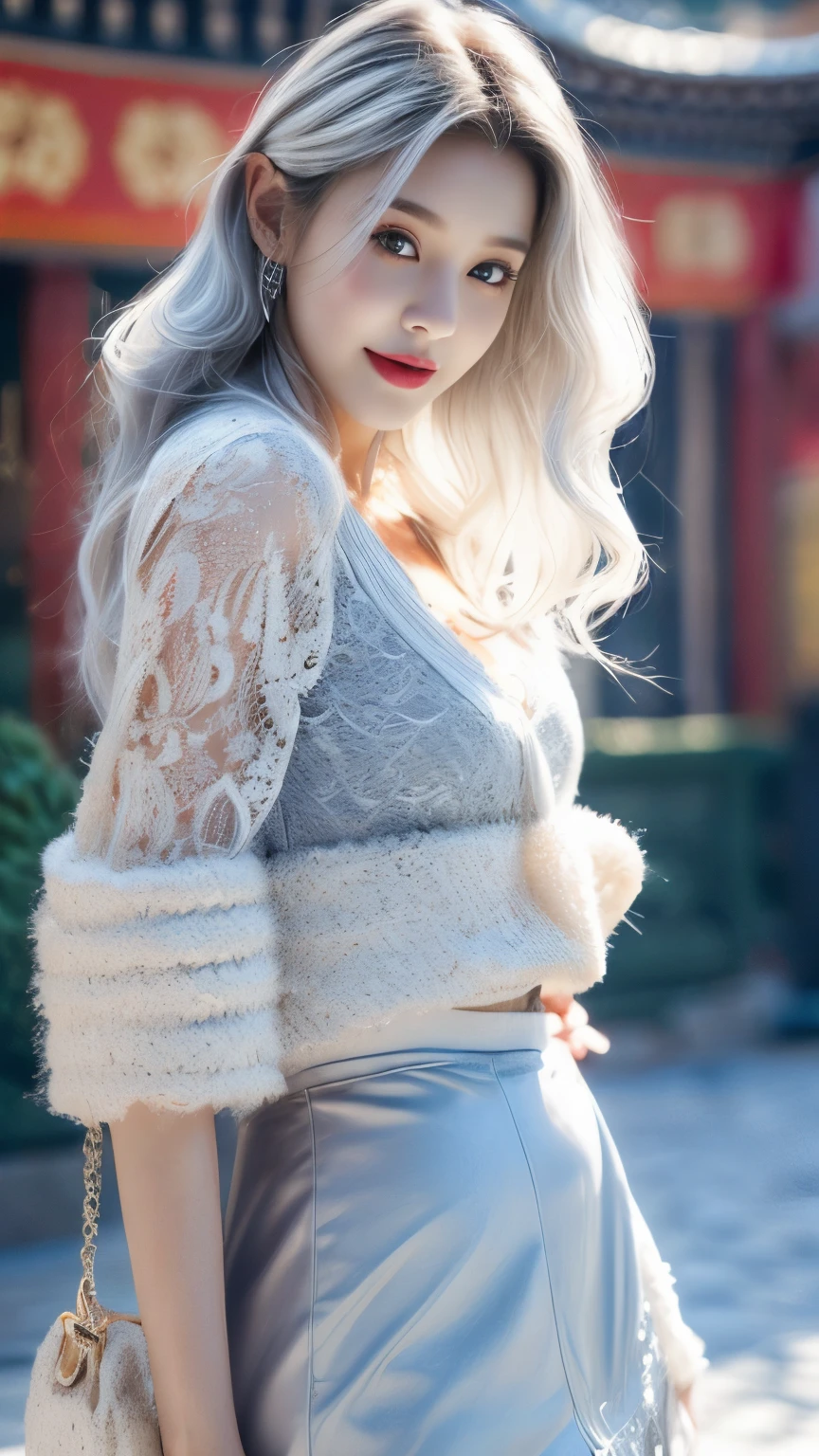 ((Best quality at best,tmasterpiece,超高分辨率)),(realistically:1.4),(Korean celebrity poster sample),1 busty girl,From head to knee,dynamicposes,adult face,Slim,(ssmile),(shiny skins),(contours,Street,natta),White hair,Long gray hair,黑The eye,(Cleavage is large),Top fashion,((white plush coat)),Lace,(short skirt),(Blizzarding:1.5,Chinese pavilions),(Clear eyes),(Clear nose),(Clear lips),(Fair skin),(Ultra-realistic textile textures)