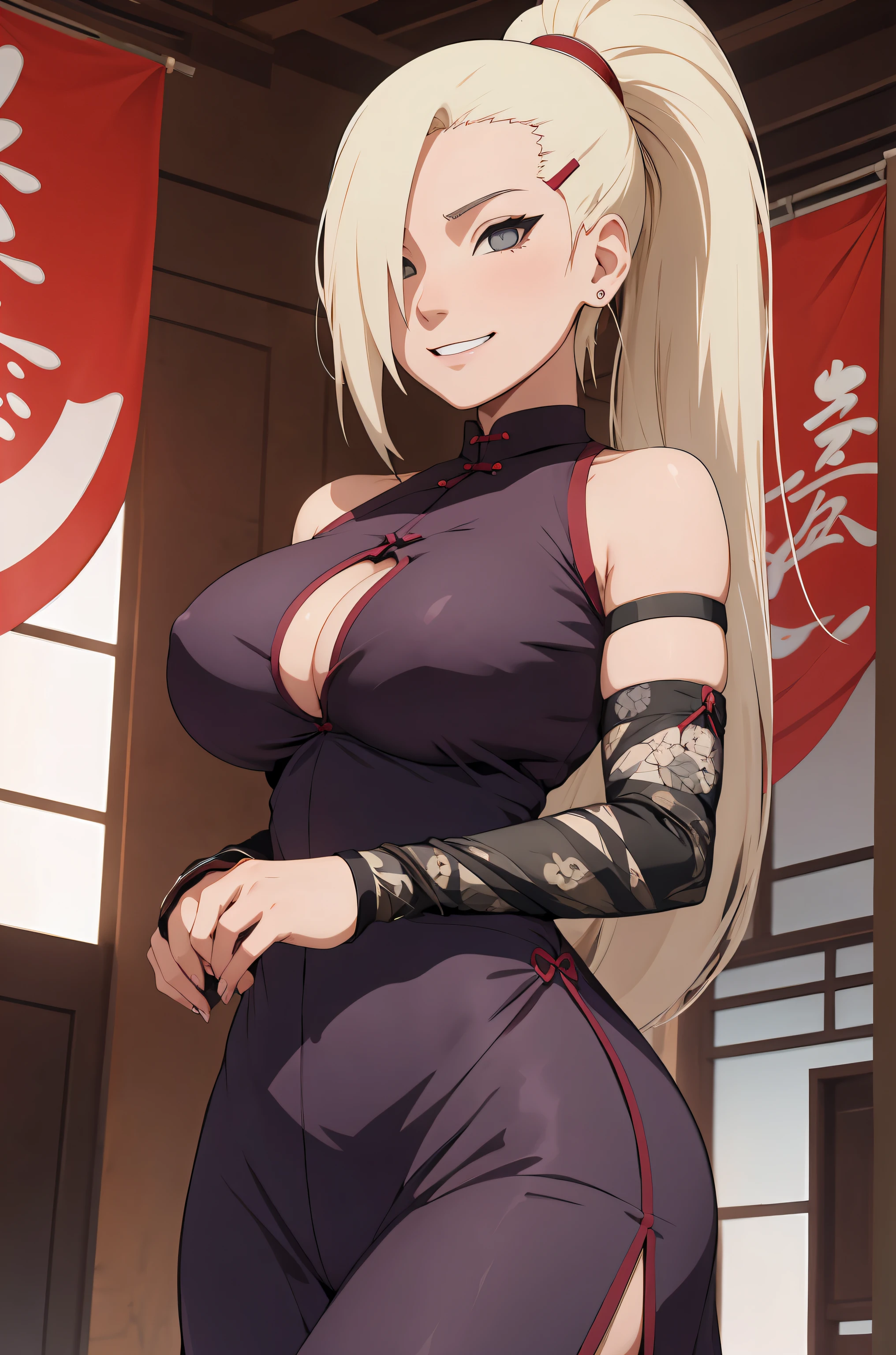 Ino Yamanaka,gros seins,clivage,sourire,Sur Cheongsam, Masterpiece, Great details, Amazing composition, Best Quality,