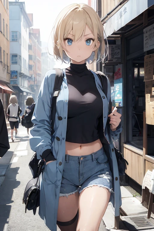 2D Anime Style、hight resolution,Blue eyes、breasts are slightly larger、A cool adult woman with messy short blonde hair and a serious expression............、wearing shorts and a long coat、She wears a fashion that shows her stomach、hold the bag with your right hand。.。.、Hold your smartphone in your left hand,Walking around the city alone,