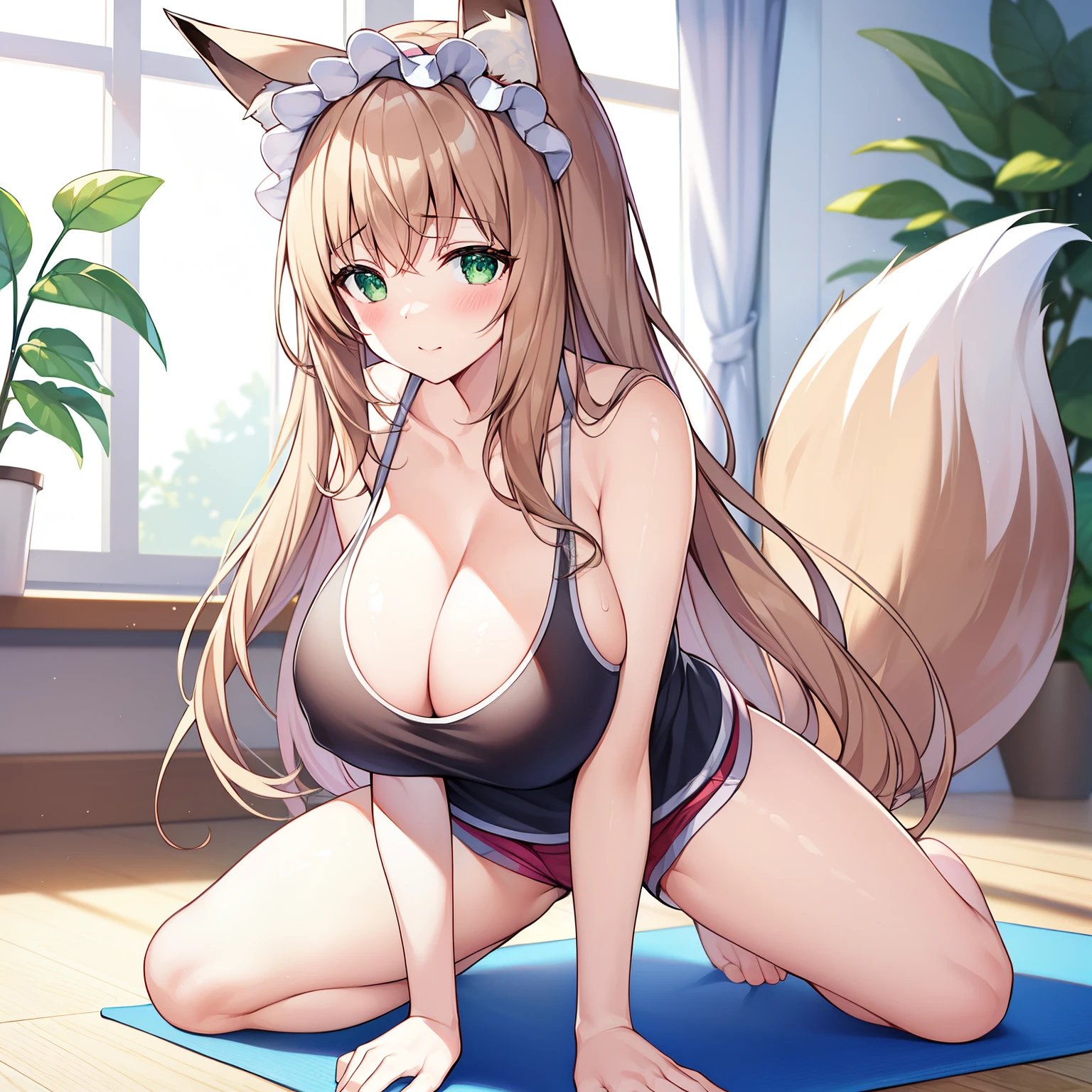 (tmasterpiece，Highest resolution，8k wallpaper，Highest drawing quality)，1个Giant Breast Girl，Alone，(Huge fox tail)，Long brown hair，green-eyed，Small flower headdress，21-year-old college student_C cups，modernn architecture, At home，Girl masturbates on yoga mat_Girl having intense sex，Wear a sexy white sports tank top_Sexy sports shorts，Under the sunlight，Girl puts one hand on nipple，