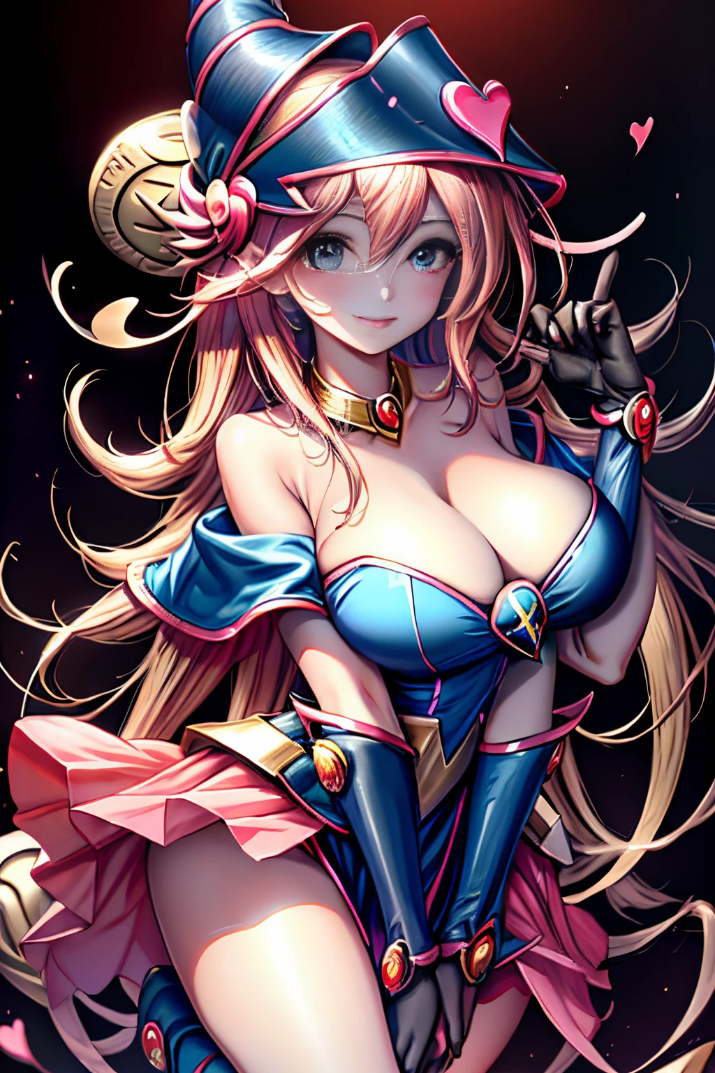(tmasterpiece, Mejor calidad; 1.3), CG extremadamente detallado, Ultra - detallado, 1 chica Mago negro chica, solamente, smil, Mirando a Viewert, Cachorros elegantes, cabellos largos dorados, eOjos azules,
SV1, Uniforme de chica maga oscura, guantes en el codo, Casco, Los marineros lideran a Rubio, Cintas rojas, collar naranja, Guantes blancos, jewely, de lo anterior,
multiple hearts, Enfoque de cara, Venus, Tornado, Fondos abstractos, heart storm, Hart's Lightning, heart bubbles, heart balls, Estrella de Halt, heart flower, heart light, The world of the heart, heartbackground, Antecedentes de la galaxia, Heart weapons, The halo of the heart, Magia. Black magician girl is hot