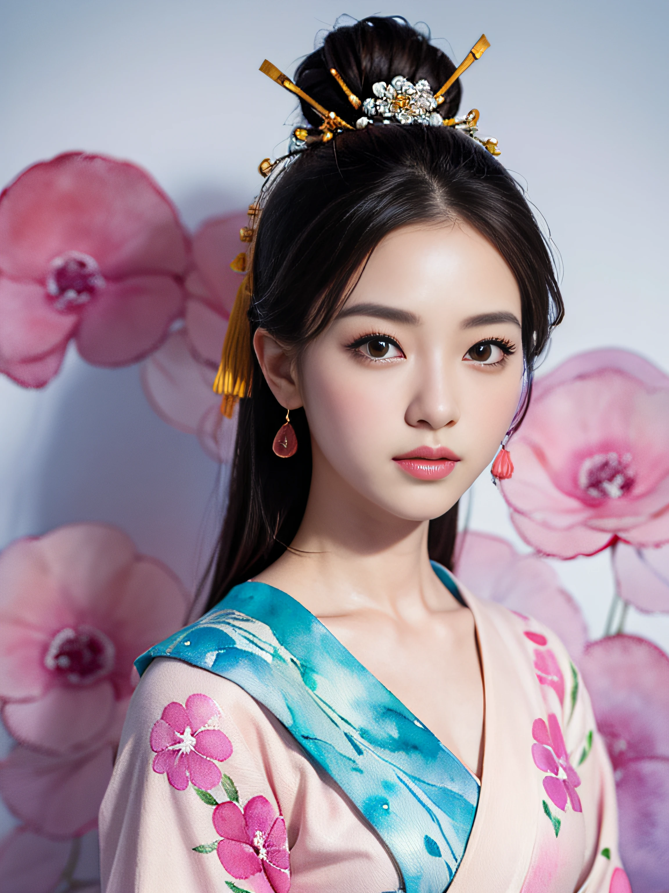 A close up of a woman wearing a blue and pink dress - SeaArt AI