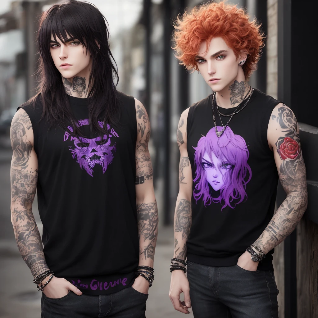 Create the look of a rock band in the style of the anime Ghibli.: 1) guy vocalist with thick brown hair and green eyes, hair is slightly curly and voluminous, not long. Dressed in rock style., with studded bracelets, In massive boots, black t-shirt and check shirt. Serious and handsome, manly. 2) drummer with red hair with bangs and blue eyes, Cute appearance, mischievous, but beautiful. Dressed in ripped black jeans and sneakers and a wide knit sweater with red and black stripes in a grunge style.. with tattoo. 3)Blonde guitarist with purple eyes, with a sly look, a handsome, wear a black tank top with a wide neckline, circuits. Full arm tattoo 4) Bass guitarist, Black long hair, kblack eyes, Cool look, Cold-blooded. dressed in leather.