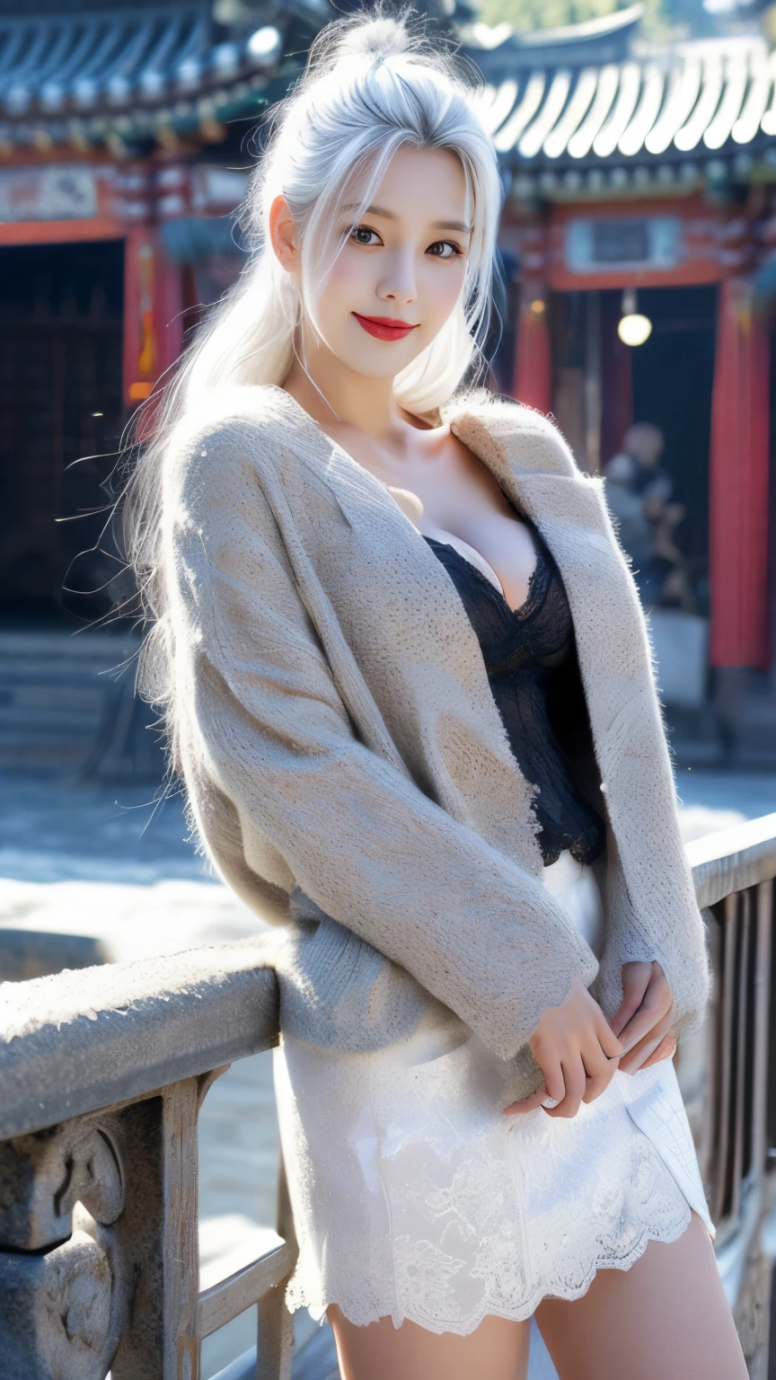 ((Best quality at best,tmasterpiece,超高分辨率)),(realistically:1.4),(Korean celebrity poster sample),1 busty girl,From head to knee,dynamicposes,adult face,Slim,(ssmile),(shiny skins),(contours,Street,natta),White hair,Long gray hair,黑The eye,(Cleavage is large),Top fashion,((white plush coat)),Lace,(short skirt),(Blizzarding:1.5,Chinese pavilions),(Clear eyes),(Clear nose),(Clear lips),(Fair skin),(Ultra-realistic textile textures)