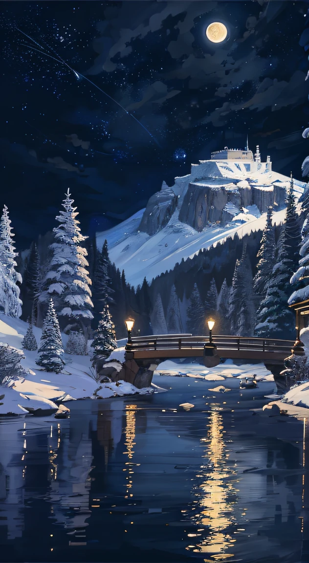 A painting of a river with stars and moon in the sky, concept art inspired by Tosa Mitsuoki, pixiv contest winner, best quality, fantasy art, beautiful anime scene, golden moon. A bright moon, starry sky environment under the moonlight, dream painting, anime background art, fantasy landscape art, dreamy night, anime background, background artwork, dreamy art, atmospheric anime, starry sky, details enhanced.