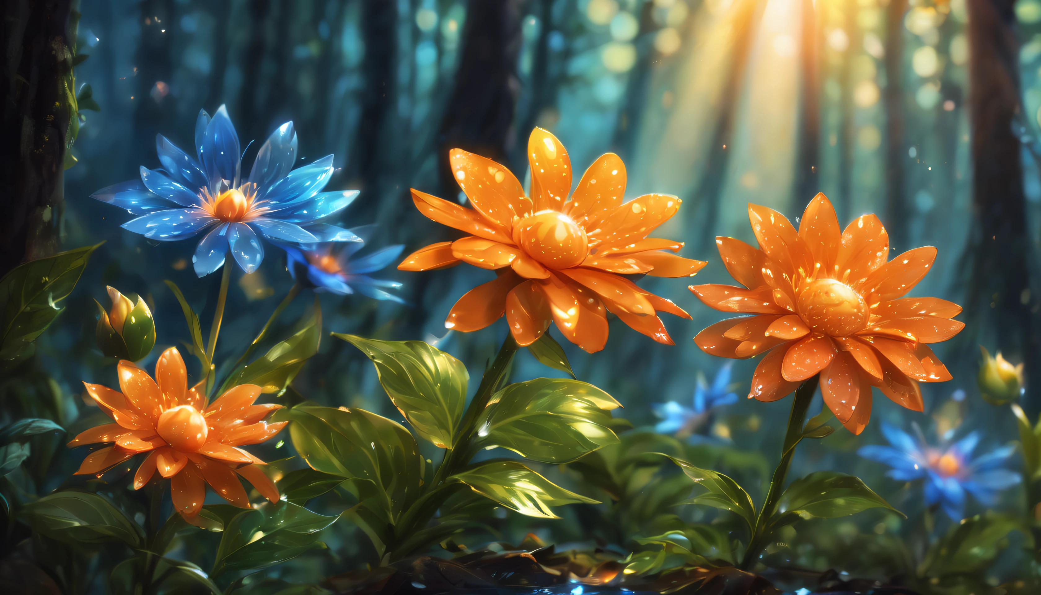 a wet orange in the form of a flower,a tangerine flower,a flower in the form of a tangerine, a blue glow emanates from it to the cut of the petals,gradient petals from orange to transparent, among other types of flowers, grows in the forest,a magical fairy-tale forest,behind the flower the bright sun shines with rays, clear details,hyper-drawing of flower details, high quality 8L, full HD 16L,high quality 8L, full hd 16K
