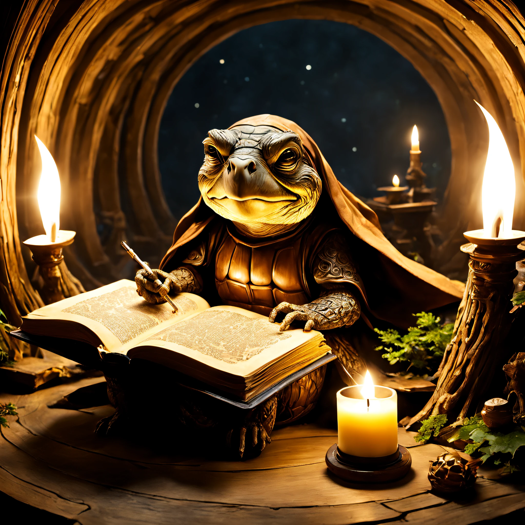 39. A wise old turtle wizard in a library carved from a large tree,Reading an ancient book by candlelight. Tolkien-esque magical atmosphere.