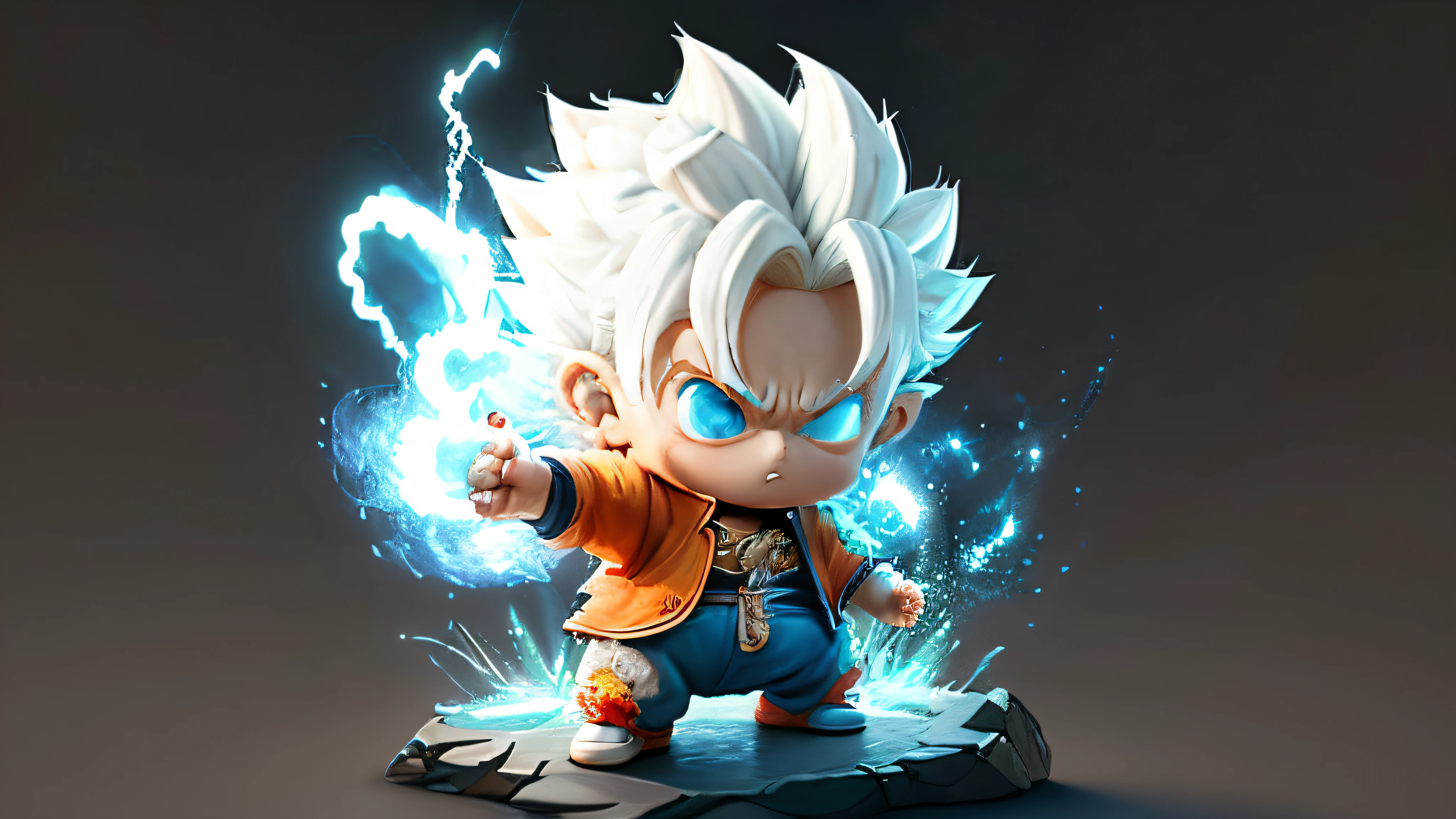 Masterpiece), (Extreme Quality), (Ultra Detailed), (delicate face), (detailed eyes), Full Body, 1 boy, (9 year old goku in super saiyan with white hair from Akira Toriyama's Dragon Ball manga: 1.7), solo, Chibi, Cute, perfect hands, (glowing metal objects hovering in the air and surrounding him:1.2),(Electric arcs and sparks:1.2),(flow of energy:1.2),(translucent magnetic lines:1.2),(golden silver grey and shimmering light effects:1.2), Kamehameha
