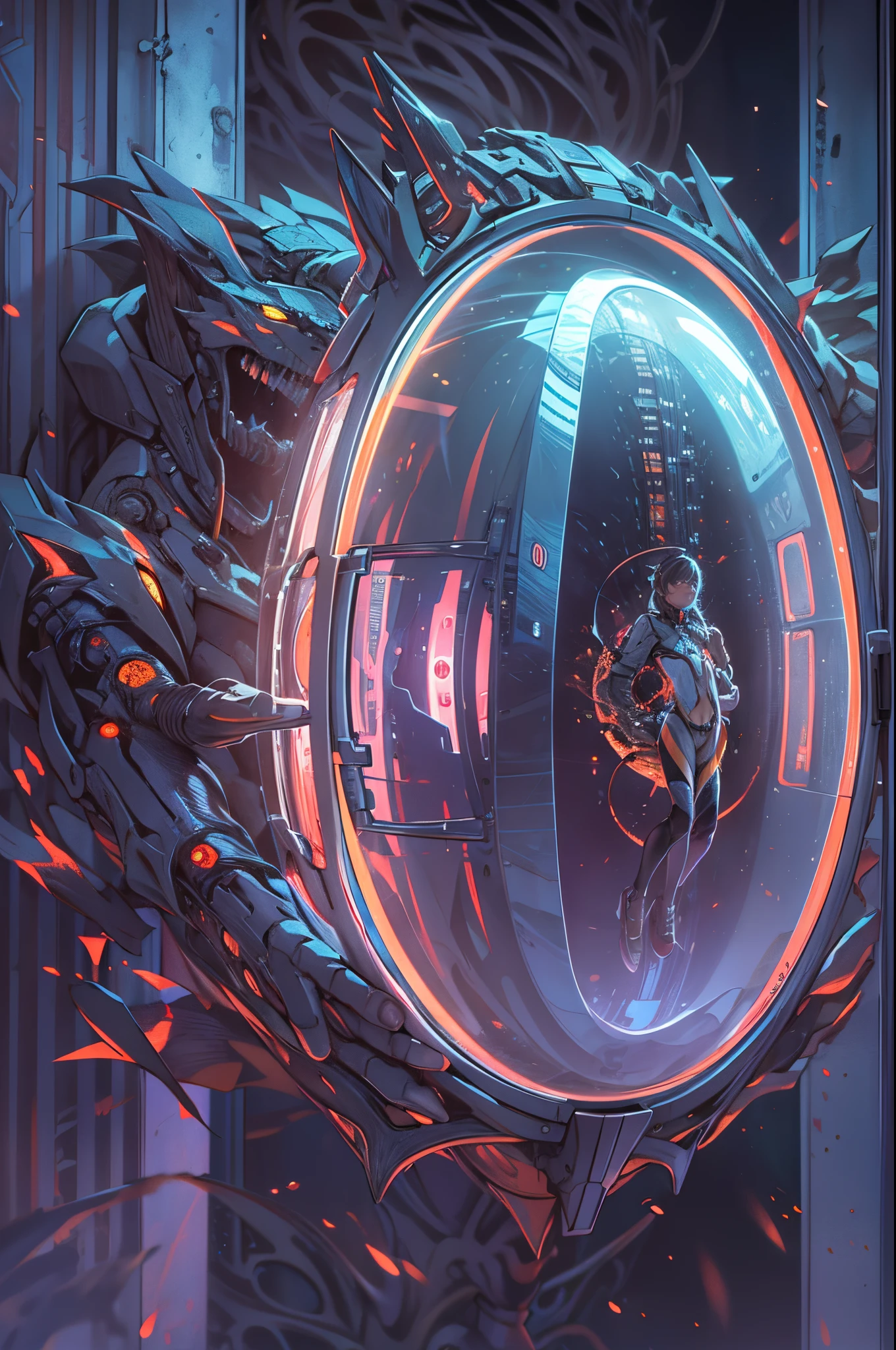 A futuristic embryonic capsule with (demons and angels inside),oils,realista,HDR,Altas Resoluciones,Ultra detallado,profesional,Studio lighting,physically based representation,vivid colors,Retratos,foco nítido,paleta colorida,soft warm lighting.