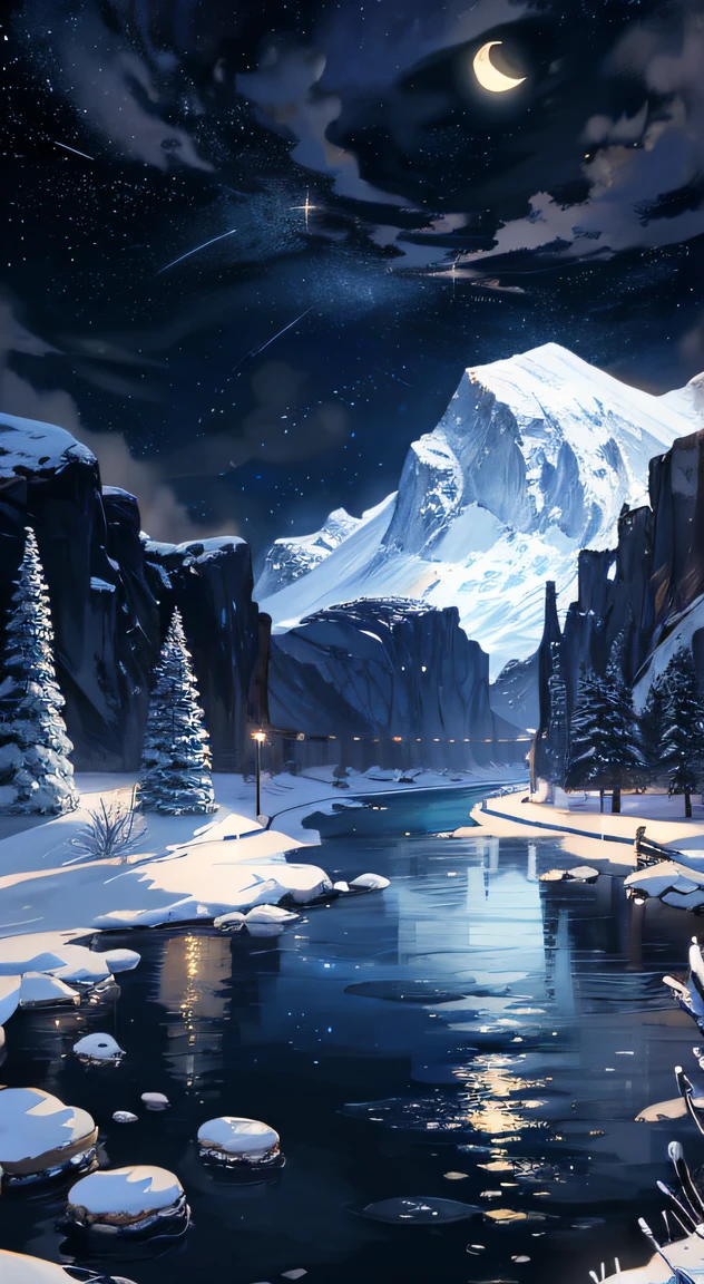 A painting of a river with stars and moon in the sky, concept art inspired by Tosa Mitsuoki, pixiv contest winner, best quality, fantasy art, beautiful anime scene, golden moon. A bright moon, starry sky environment under the moonlight, dream painting, anime background art, fantasy landscape art, dreamy night, anime background, background artwork, dreamy art, atmospheric anime, starry sky, details enhanced.