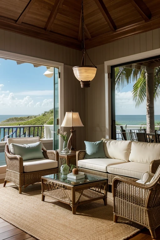 coastal mansion living room with rattan lamp shades made by mybaliliving product