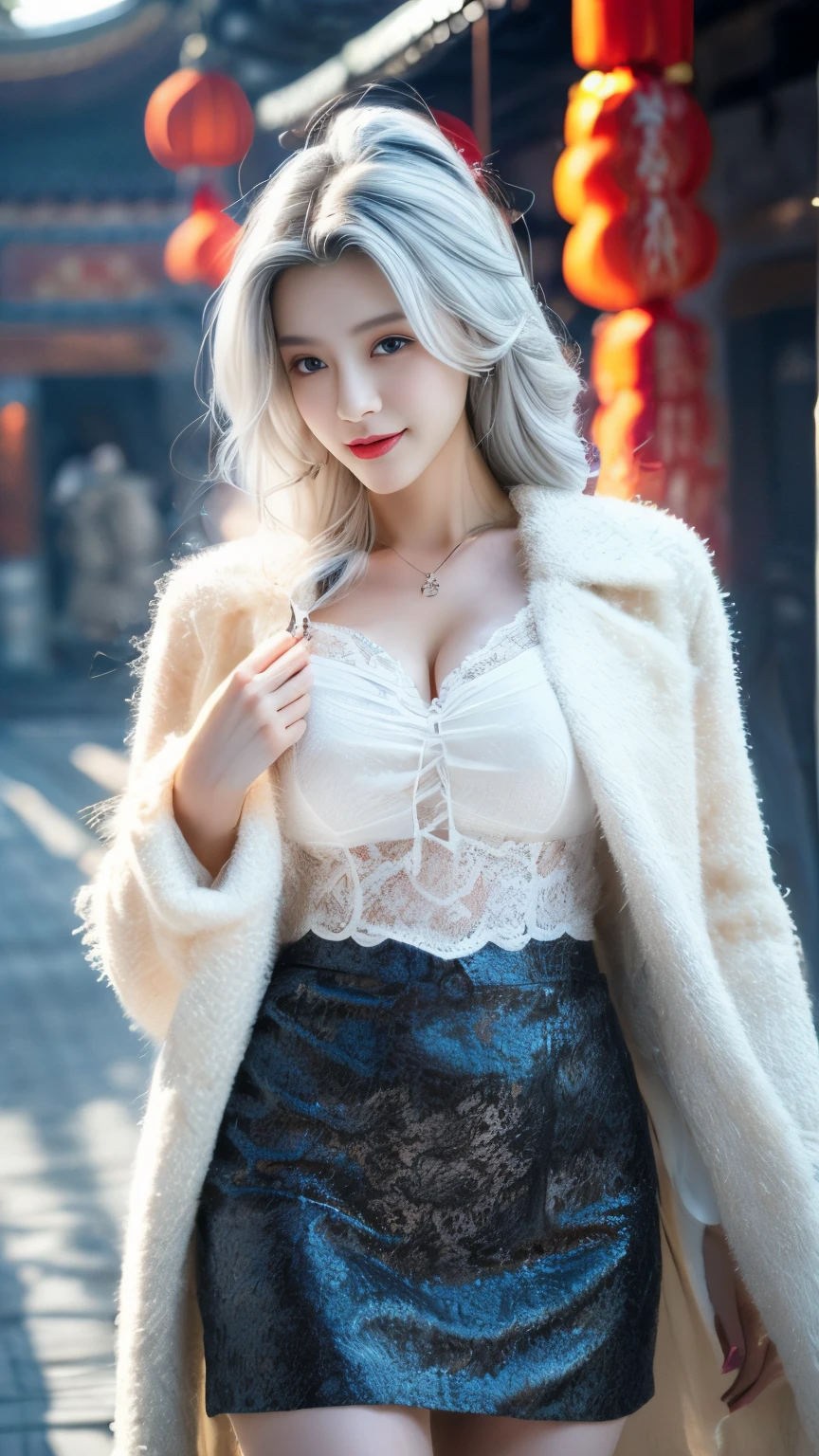 (（Best quality at best，tmasterpiece，超高分辨率）)，（realistically：1.4），(Korean celebrity poster sample)，1 busty girl，From head to knee，dynamicposes，adult face，Slim，(ssmile)，（shiny skins），（contours，Street，natta），White hair，Long gray hair，黑The eye，（Cleavage is large），Top fashion，（（white plush coat）），Lace，(short  skirt)，（Blizzarding：1.5，Chinese pavilions），(Clear  eyes)，(Clear nose)，(Clear lips)，(Fair skin)，(Ultra-realistic textile textures)