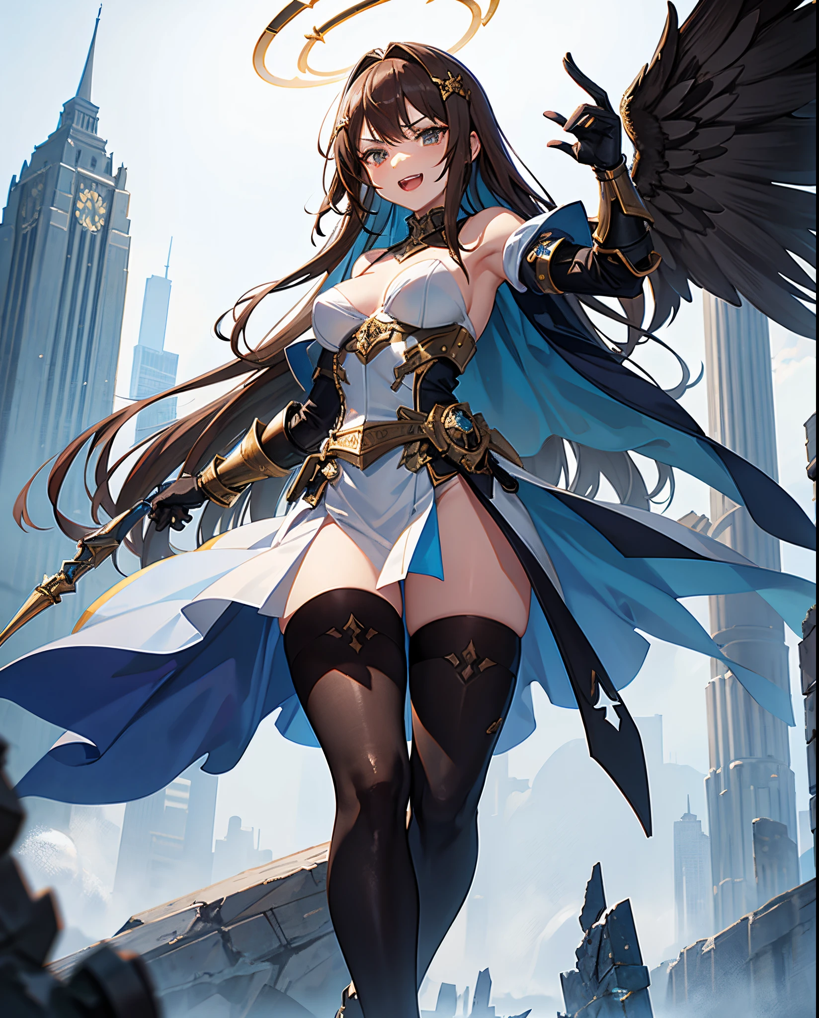 fantasy, 1angel_girl,, ,brown_hair, medium_bob_hair, long_bangs, halo,bare_shoulder,thighhighs,silver_armor, waist_armor, large_breasts,angry,grinning,open_mouth_teeth, 1pair_wings, dynamic_pose_fighting,floating, bare_crotch, headgear,gauntlet, greaves,city_sky_background,slightly_spread_legs, solo, groin_naked,