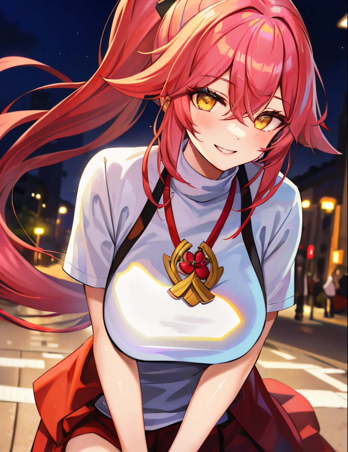 Model Shooting Style, (Masterpiece:1.3), (Absurdity:1.3), (Best Quality:1.3), (8K), (Masterpiece Digital Art), (Detailed Manga Illustration), (Handle Hair), Perfect Anatomy, (Complex Detail:1.3), (Detailed Detail:1.3), (Illustration:1.3), (Sharp Focus:1.3), (Vivid Color:1.3), 1 Girl, NSFW, Solo, ponytail, (red hair), yellow eyes, floating hair, white skin, blushing cheeks, crystal clear white skin, glowing eyes, medium breast, shiny hair, sexy, street style clothes, fashionable, street snap style, white t-shirt, smile, meet