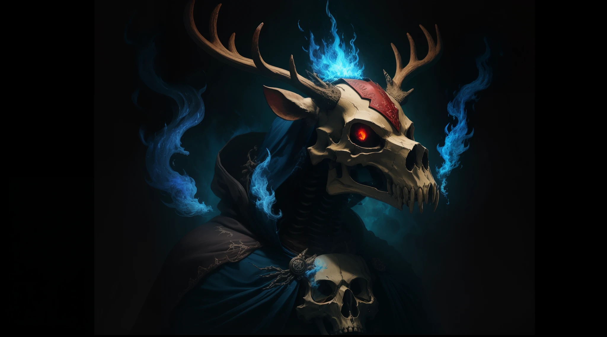photorealestic,Deer skull mask,Head with blue flames,Upper body is a skeleton,The lower body is made of ossified bird claws,Wearing a pair of baggy black pants,Wearing a dark red cloak,Holding a long sword decorated with animal bones and emitting blue flames,k hd,Wallpapers