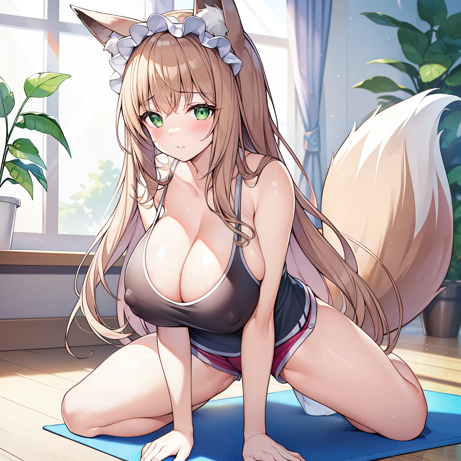 (tmasterpiece,Highest high resolution,8k wallpaper,Highest drawing quality),1 busty girl,Alone,(Huge fox tail),Brown hair long,Green-eyed,Small flower headdress,21-year-old college student_C cup,modernn architecture, At home,Girl masturbates on yoga mat_girl having intense sex,Wear a sexy white sports tank top_Sexy sports shorts,Under the sunlight,Girl puts one hand on nipple,(covered nipples)