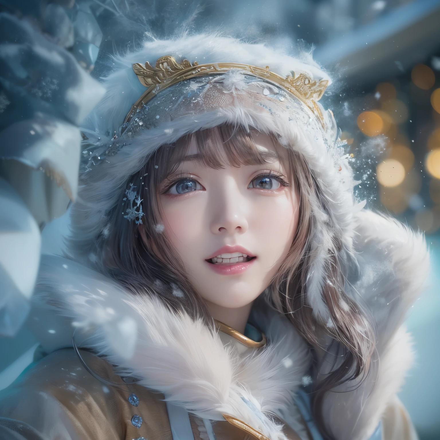 Sakura Miyawaki , Look up and smile、natural make up、Glossy lips、Snow Fairy、Snow Girl、Snow Costume、Cosplay、(realisitic、hight resolution)、(1 girl in)、Snow Girl、Do-Up Eye、Sakura Miyawaki, girl with、(Best Quality), (masutepiece), (1girl in), Solo, a beauty girl, Perfect face, dreamlikeart、Highly detailed airbrush art((Surreal))、Volumetric lighting、(top-quality)、The ultra-detailliert、(The composition of the movement:1.4)、Highly detailed colorful details、(Bright lighting)、dynamic compositions、Ray traching、The mirror reflects light、Shallow depth of field、ultra-detailliert、mixing exposure、nffsw、Her eyes are shining、Her face is full of anticipation and courage、A smile appears on the lips of a girl。 At the rear、snow mountains、snow mountains、snow mountains、