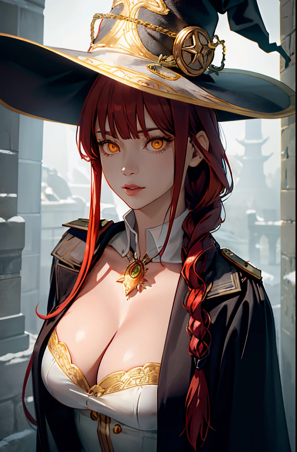 , Medium tits, masterpiece, (photorealistic:1.4), best quality, beautiful lighting, big witch hat, cleavage, admiral long coat, shoulder badge, (ulzzang-6500:0.5), makima \(chainsaw man\), (red hair)+(single long braided hair)+(bangs), yellow eyes, golden eyes, ((ringed eyes)), (white shirt), RAW photo, 8k uhd, film grain, at castle, mediavel, closeup