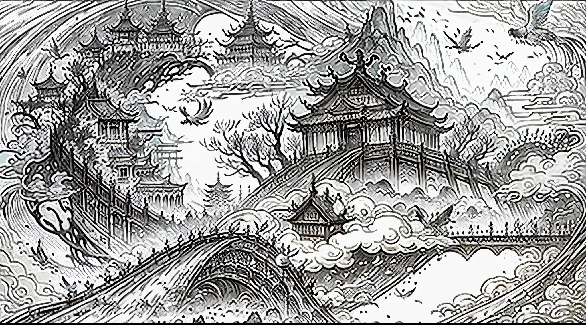 chinese wind mountains, bird,river, auspicious clouds, pavilions, masterpiece, super detail, epic composition, ultra hd, high quality, extremely detailed, official art, unified 8k wallpaper, super detail, 32k